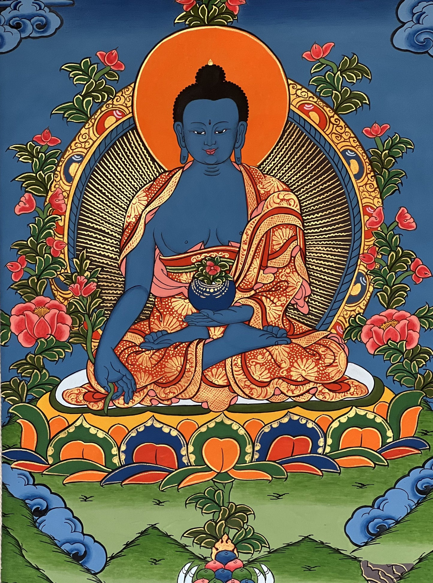 Original Hand-painted Medicine Buddha/ Medicine Master/ Healing  Buddha Tibetan Thangka Painting with Silk Brocade