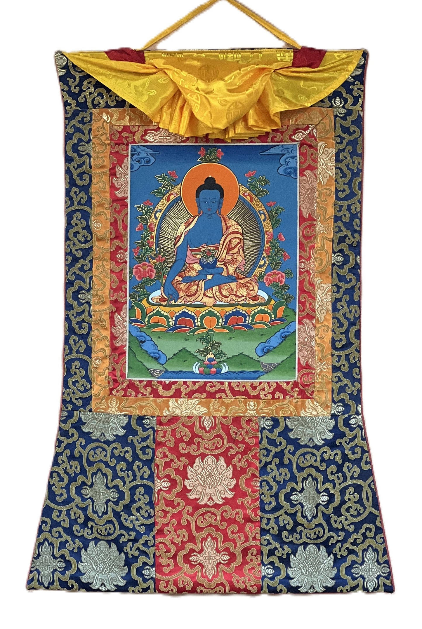 Original Hand-painted Medicine Buddha/ Medicine Master/ Healing  Buddha Tibetan Thangka Painting with Silk Brocade