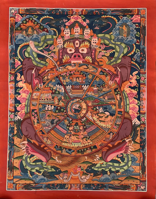 Original Hand Painted Samsara/ Wheel Of Life /Bhavachakra Mandala Masterpiece Tibetan Meditation Compassion Thangka/ Thanka Painting