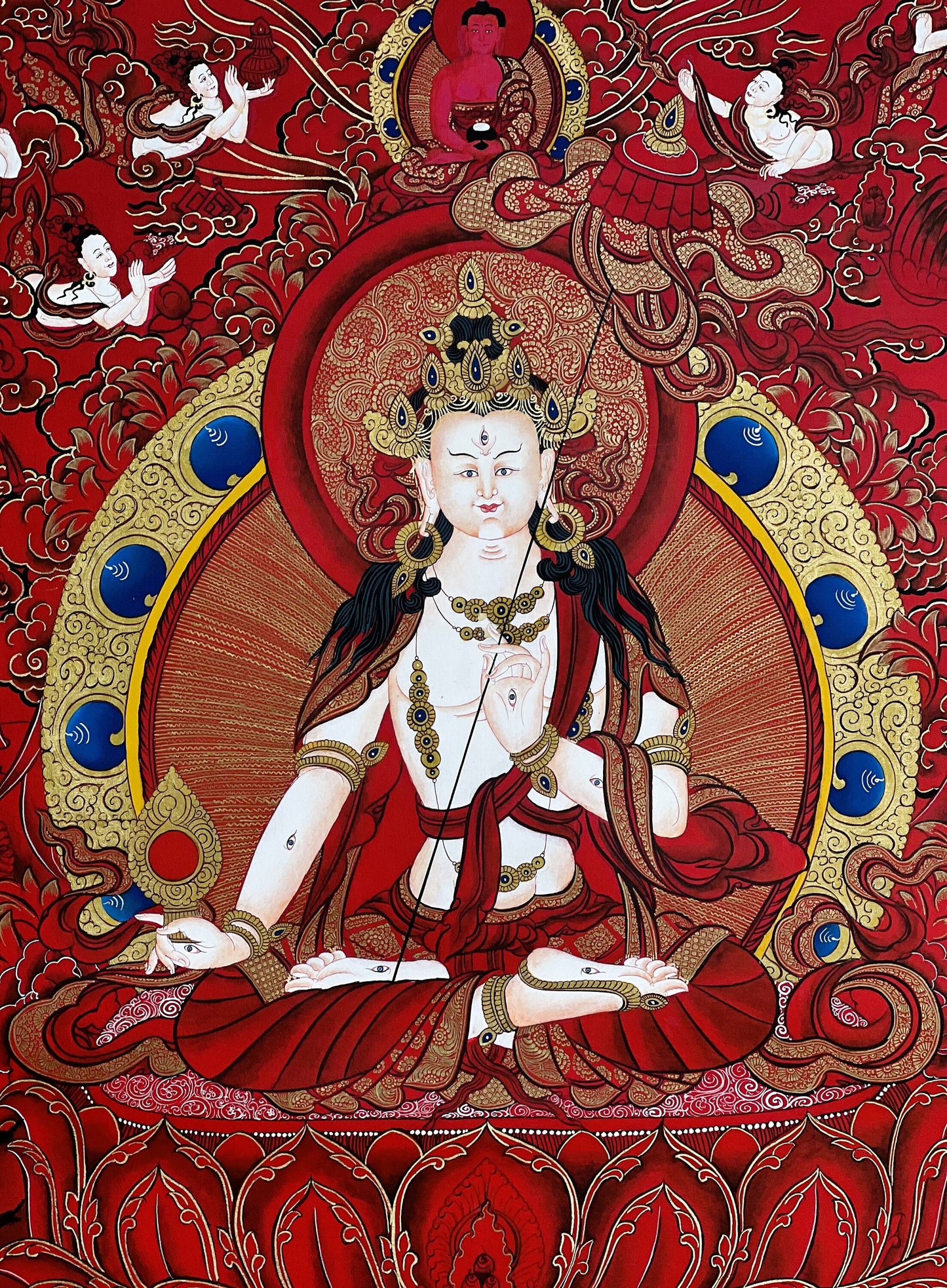 Ushnisha Sitatapatra/ Dukar/ Dhukar/ Lady of the White Umbrella Original Masterpiece Gold Tibetan Thangka Painting from Nepal