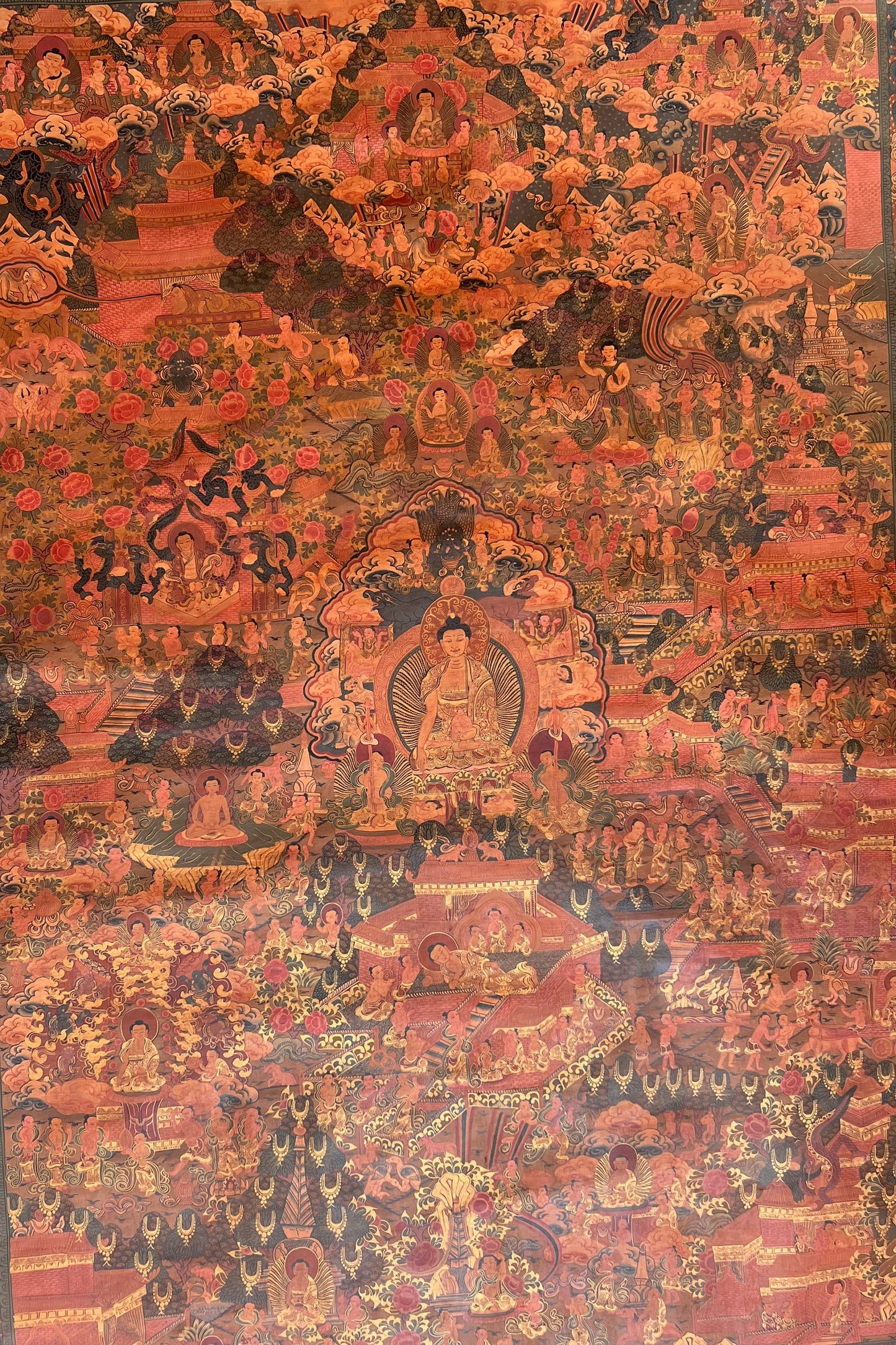 Hand-Painted Masterpiece Buddha Life Story - Large Oil-Varnished Tibetan Thangka Painting, Perfect for a Grand Home/ Office/ Sacred Shrine