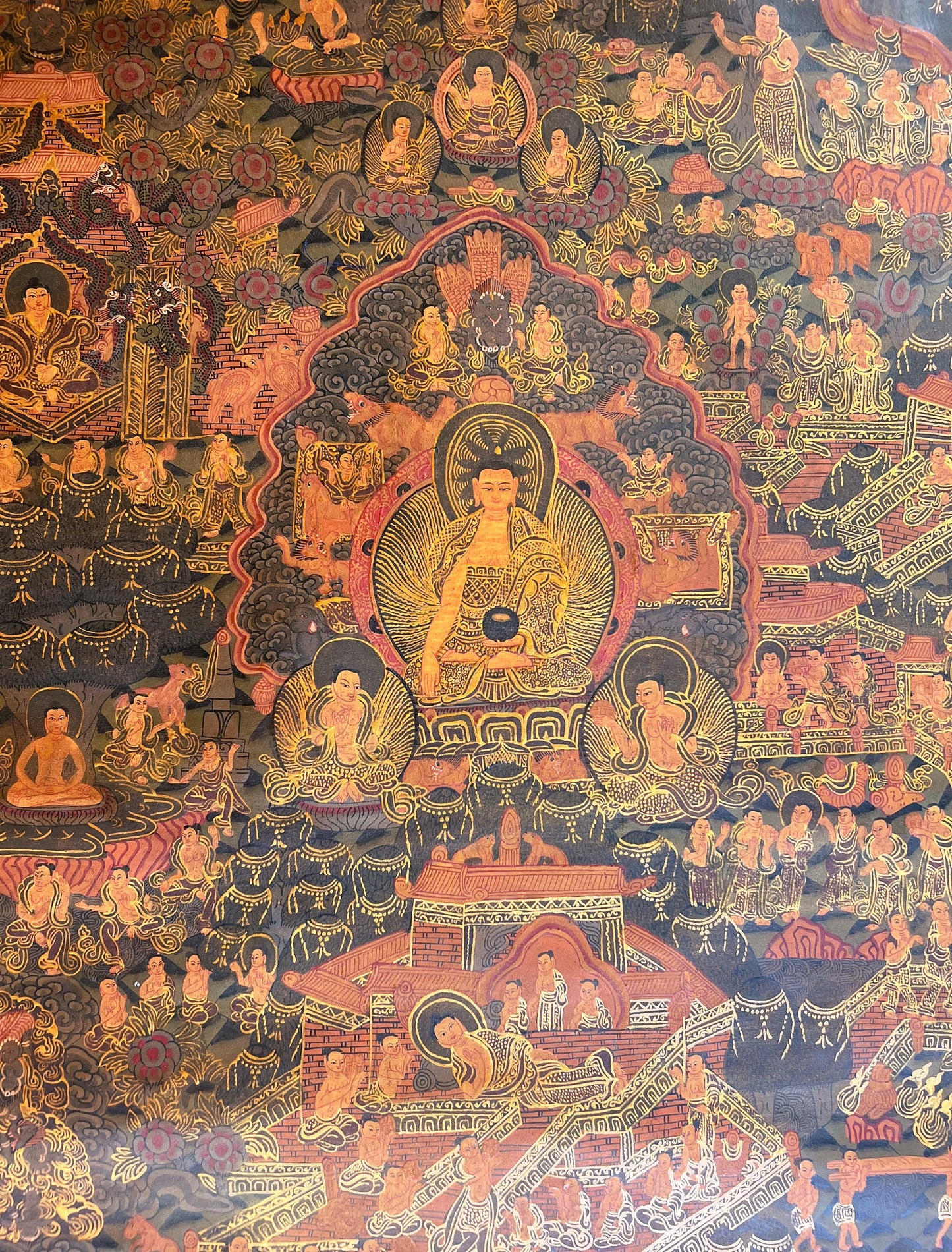 Hand-Painted Masterpiece Buddha Life Story - Large Oil-Varnished Tibetan Thangka Painting, Perfect for  Grand Home/ Office/ Sacred Shrine