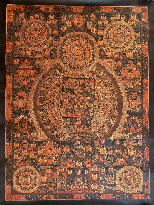 Original Hand-painted Pancha Buddha Big Circle Mandala Oil - Varnished Masterpiece Tibetan Thangka / Thangka Painting Meditation Art