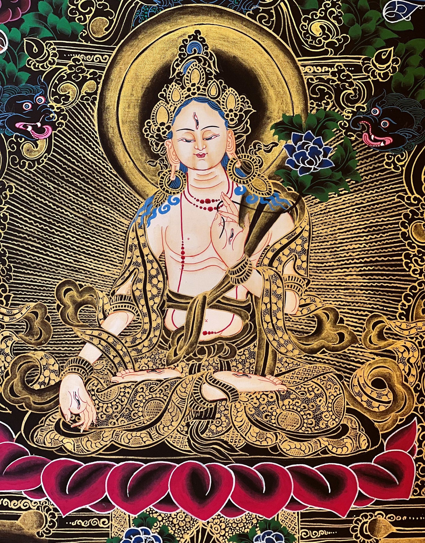 Original Hand-painted White Tara  Mother Goddess Tibetan Thangka Painting with Premium Khadi Silk Brocade