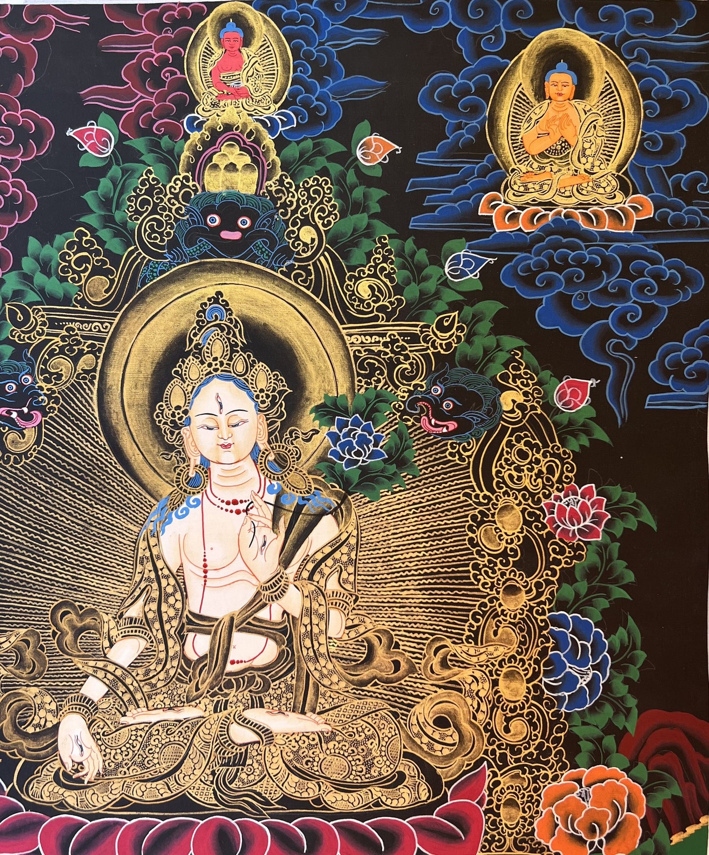 Original Hand-painted White Tara  Mother Goddess Tibetan Thangka Painting with Premium Khadi Silk Brocade