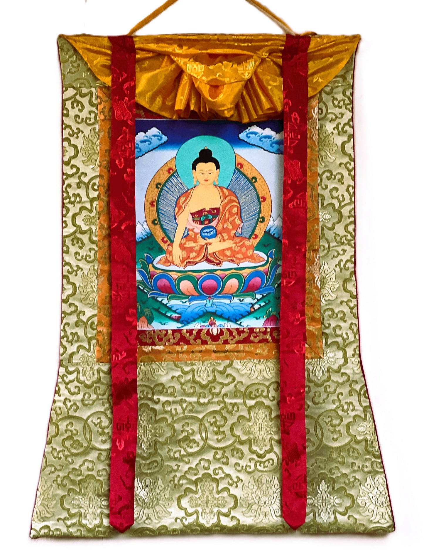 Original Hand-painted  Shakyamuni Buddha/ Siddhartha Gautama  Tibetan Thangka Painting with Silk Brocade