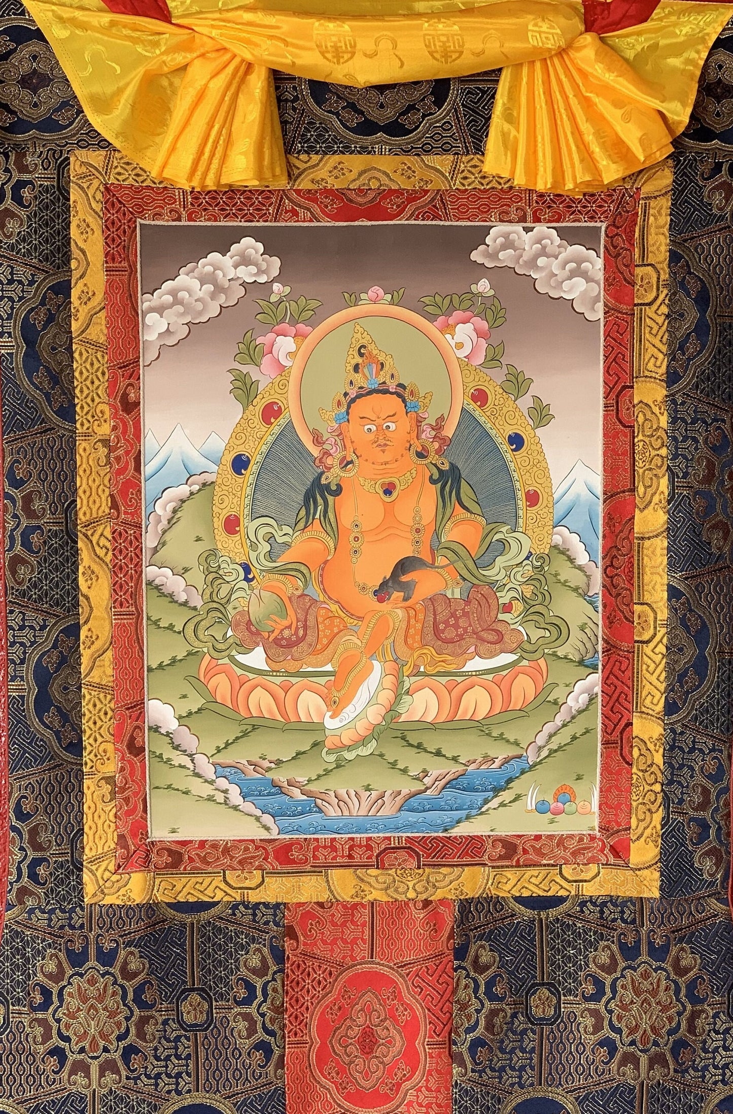 Original Hand Painted Kubera, God Of Wealth  Tibetan Compassion / Meditation Wall hanging Thangka / Thanka  Painting with Premium Silk Frame