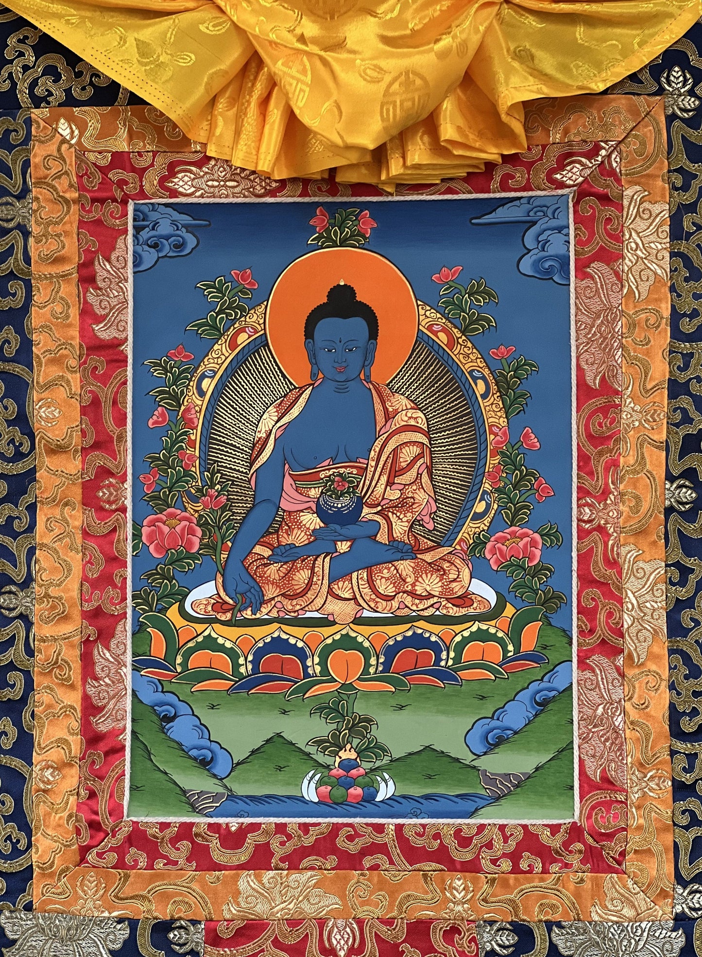 Original Hand-painted Medicine Buddha/ Medicine Master/ Healing  Buddha Tibetan Thangka Painting with Silk Brocade