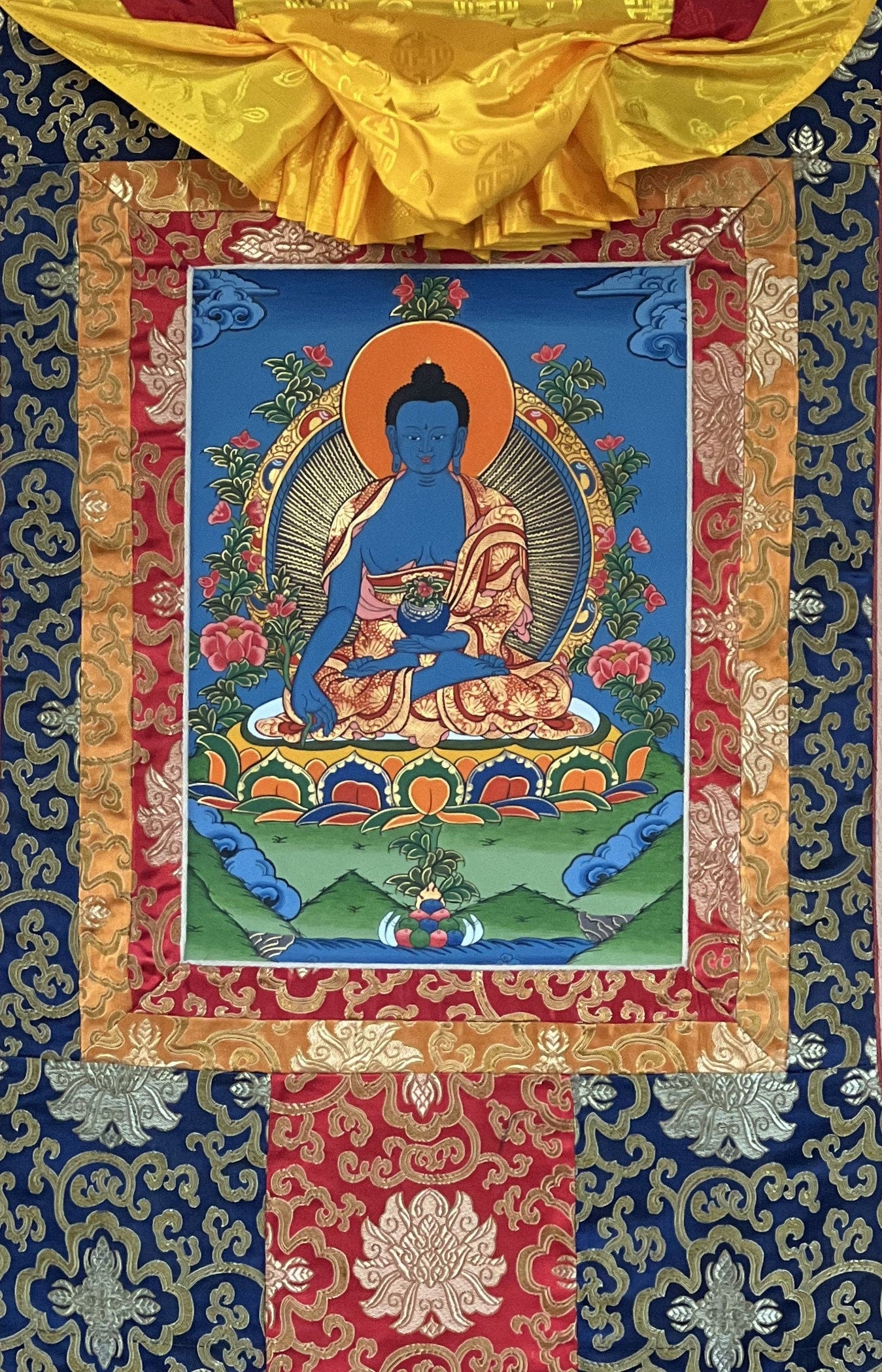 Original Hand-painted Medicine Buddha/ Medicine Master/ Healing  Buddha Tibetan Thangka Painting with Silk Brocade