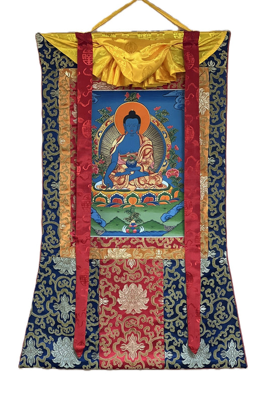 Original Hand-painted Medicine Buddha/ Medicine Master/ Healing  Buddha Tibetan Thangka Painting with Silk Brocade