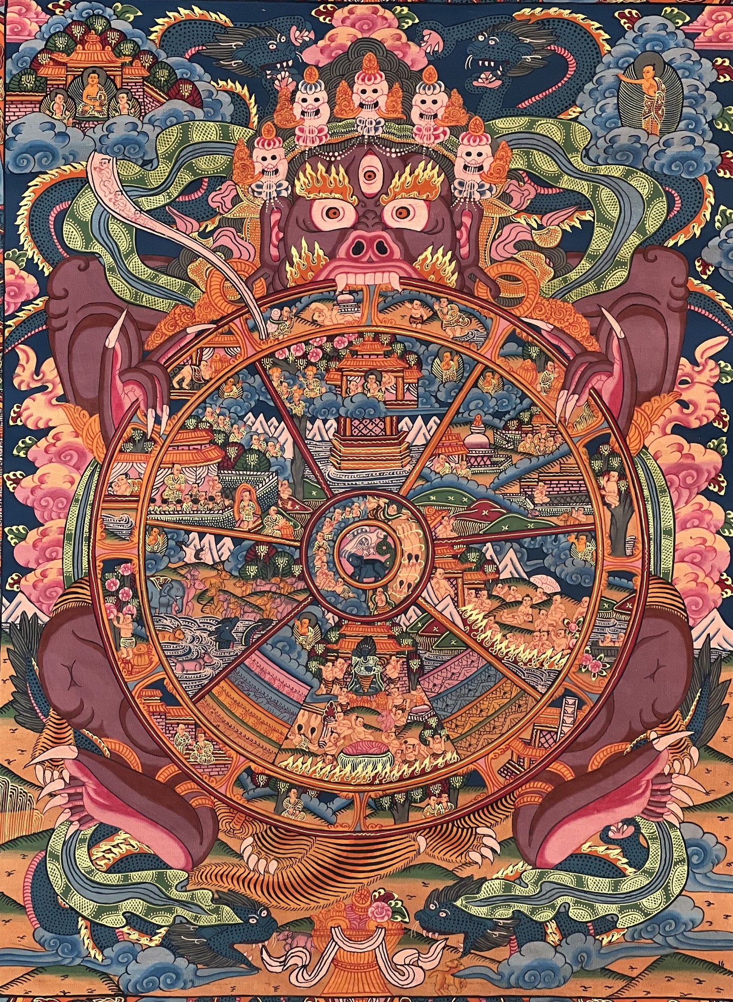 Original Hand Painted Samsara/ Wheel Of Life /Bhavachakra Mandala Masterpiece Tibetan Meditation Compassion Thangka/ Thanka Painting