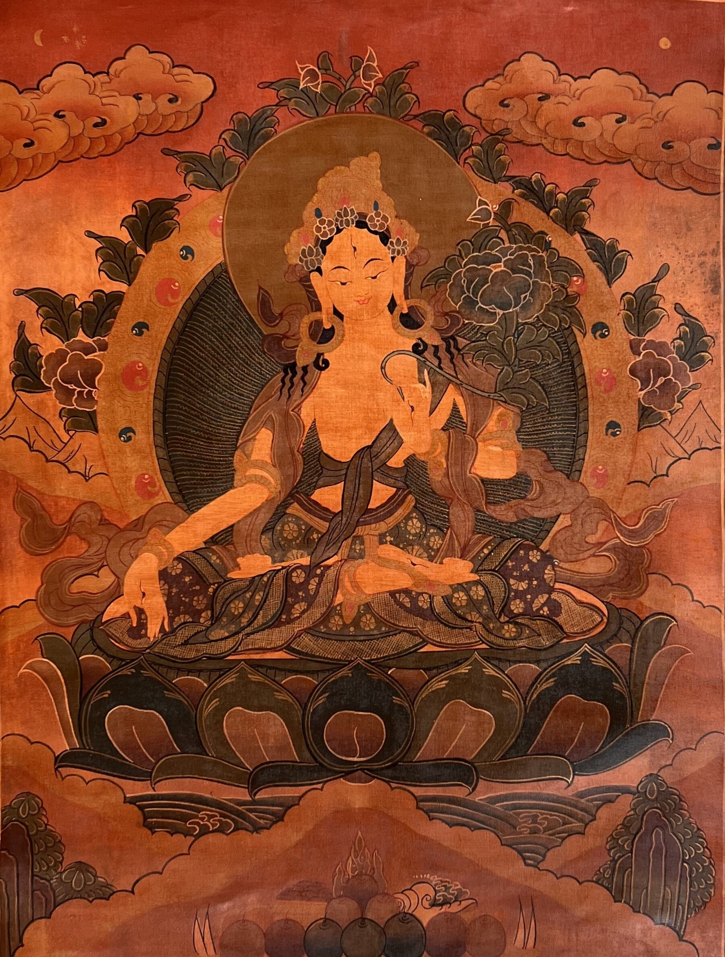 Original Hand-painted White Tara Mother Goddess OLD OIL VARNISHED  Tibetan Thangka Painting/Compassion Meditation Art