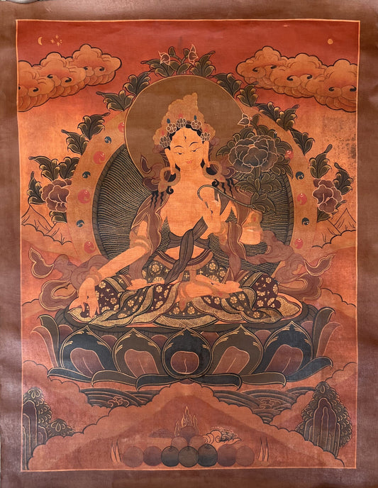 Original Hand-painted White Tara Mother Goddess OLD OIL VARNISHED  Tibetan Thangka Painting/Compassion Meditation Art