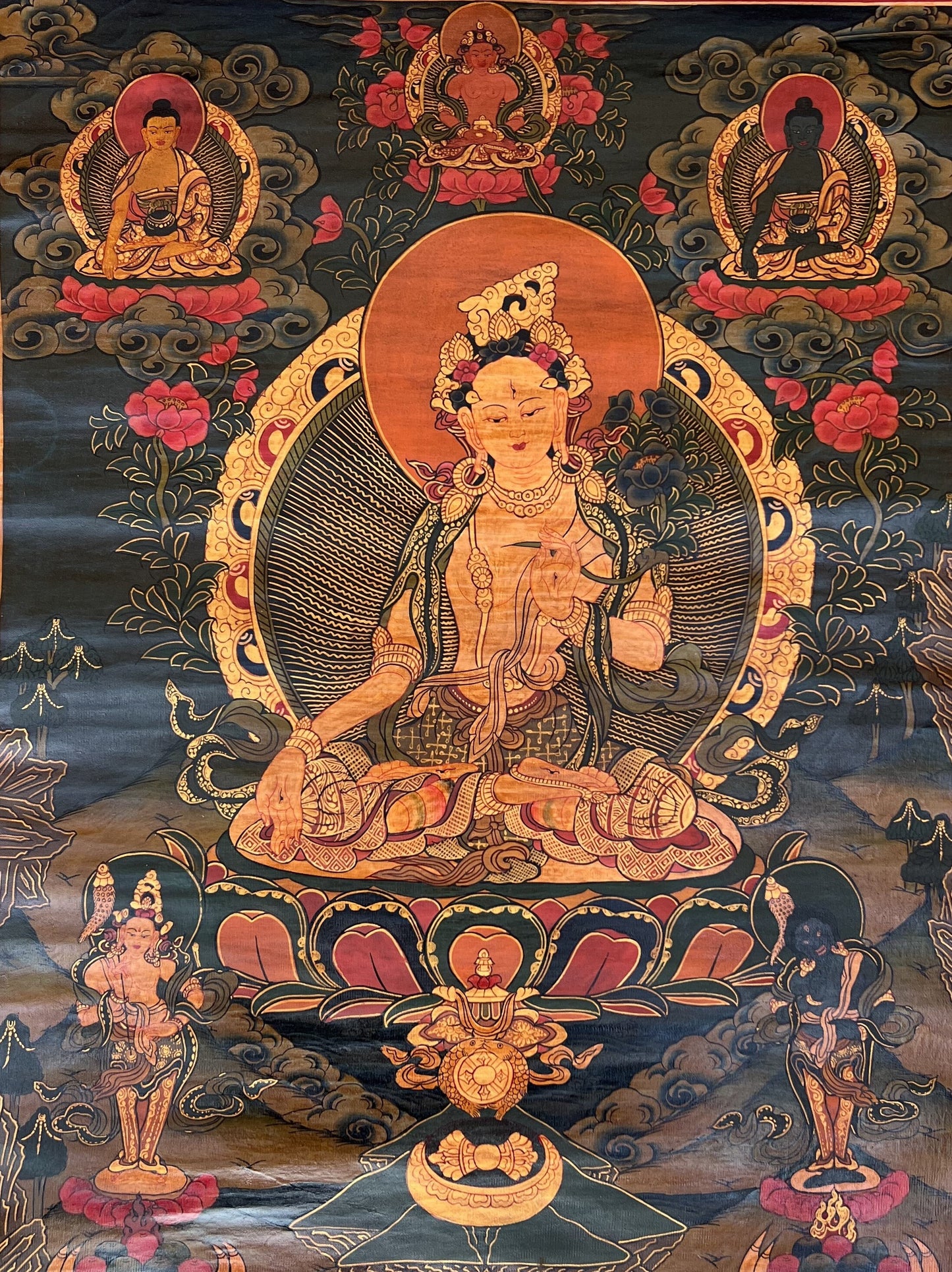 Hand-painted White Tara, Mother Goddess OLD OIL VARNISHED  Tibetan Thangka Painting/Compassion Meditation Art