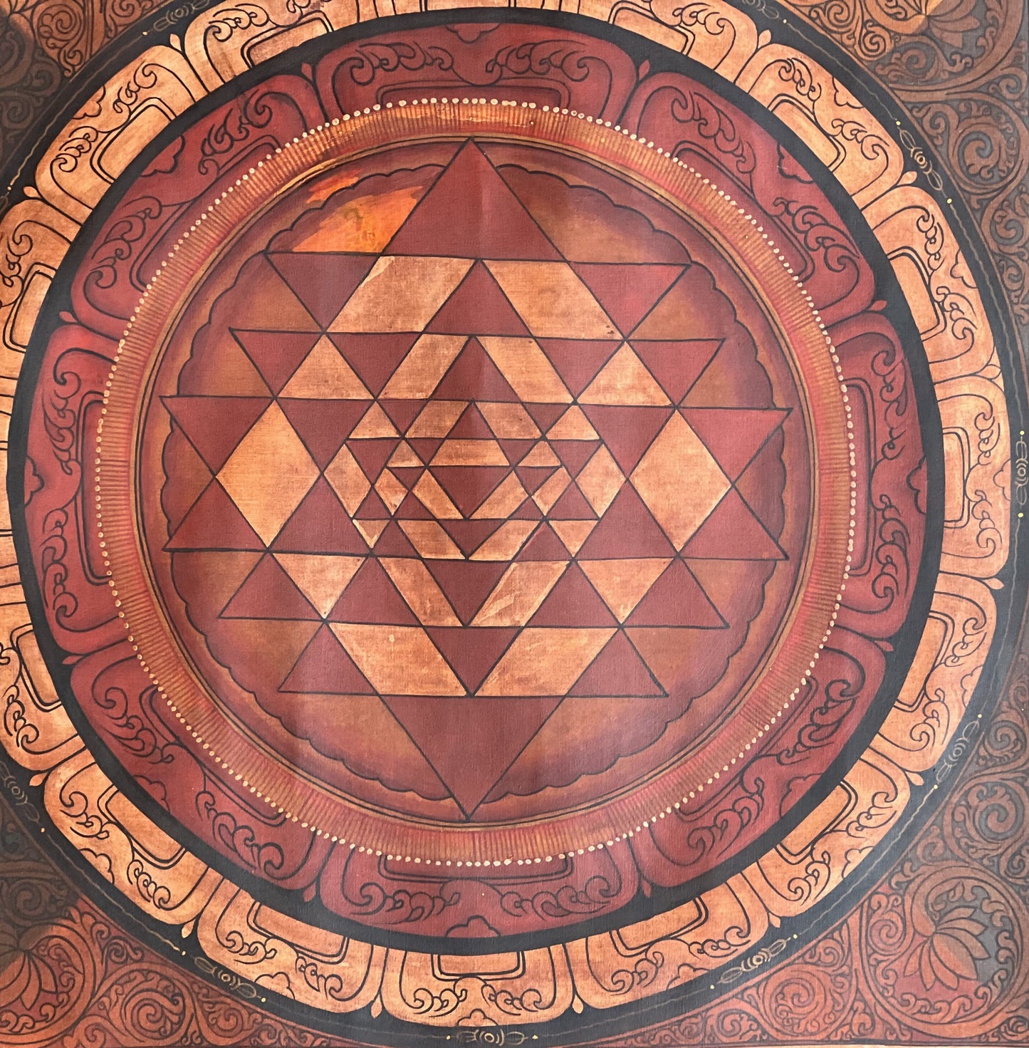 Original Hand-painted  SriYantra/ Sriyantra/ Shri Yantra Shri Chakra Mandala Newari Paubha Thangka Painting-Old Oil Varnished