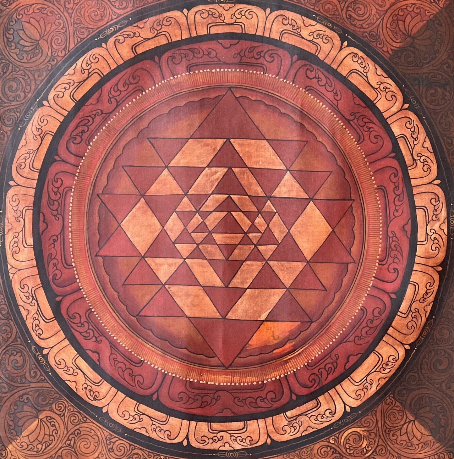 Original Hand-painted  SriYantra/ Sriyantra/ Shri Yantra Shri Chakra Mandala Newari Paubha Thangka Painting-Old Oil Varnished