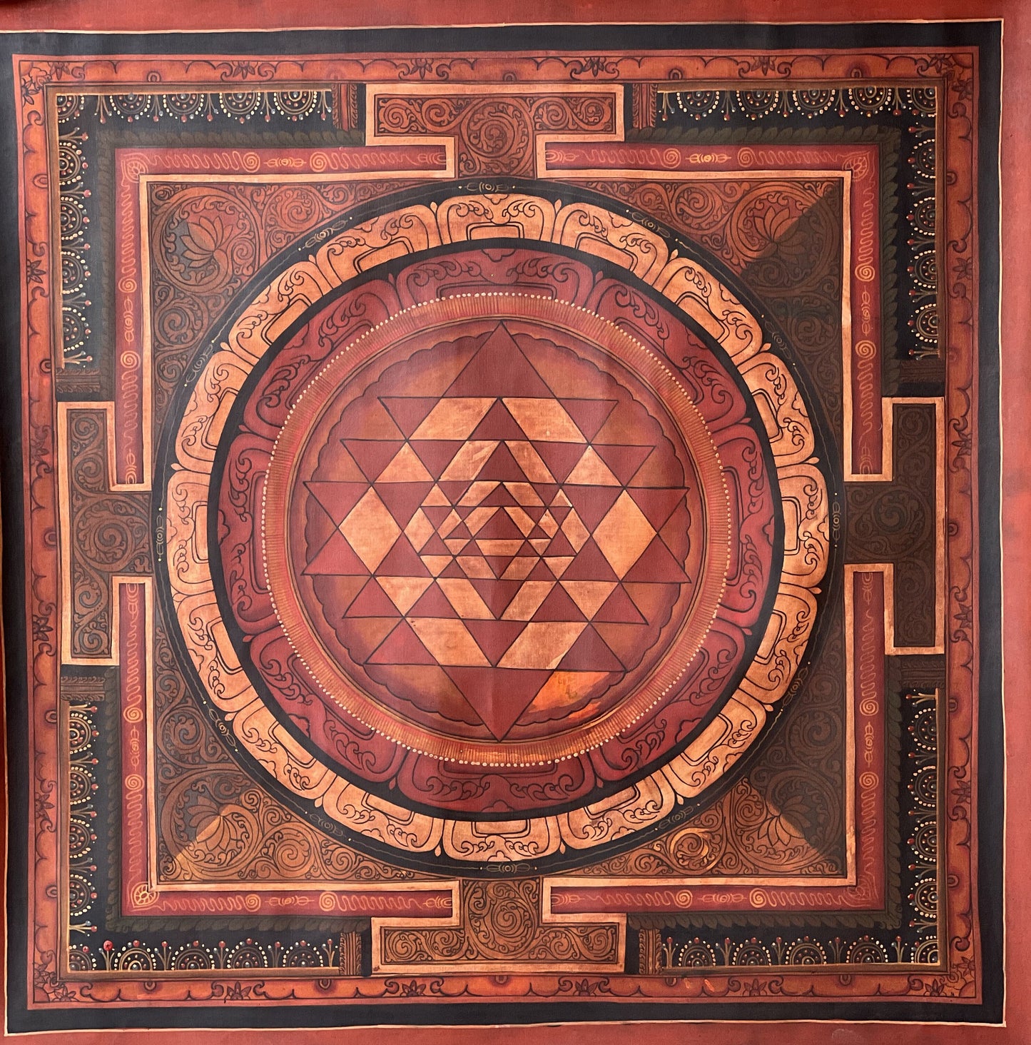 Original Hand-painted  SriYantra/ Sriyantra/ Shri Yantra Shri Chakra Mandala Newari Paubha Thangka Painting-Old Oil Varnished