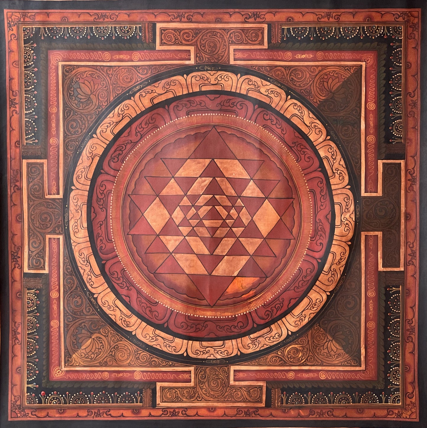 Original Hand-painted  SriYantra/ Sriyantra/ Shri Yantra Shri Chakra Mandala Newari Paubha Thangka Painting-Old Oil Varnished