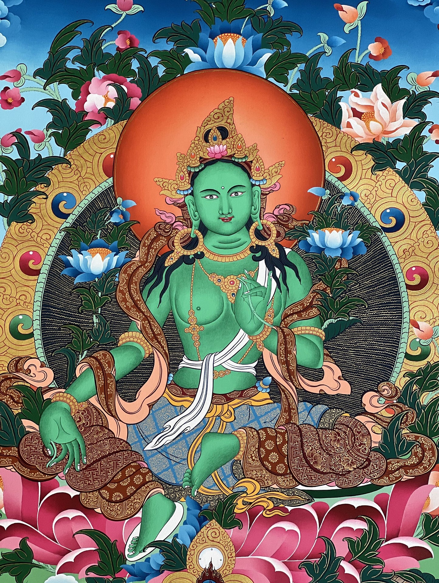 Exquisite Original Masterpiece: 24 K Gold Green Tara Tibetan Thangka Painting Profound Expression of Compassion in Buddhist Art