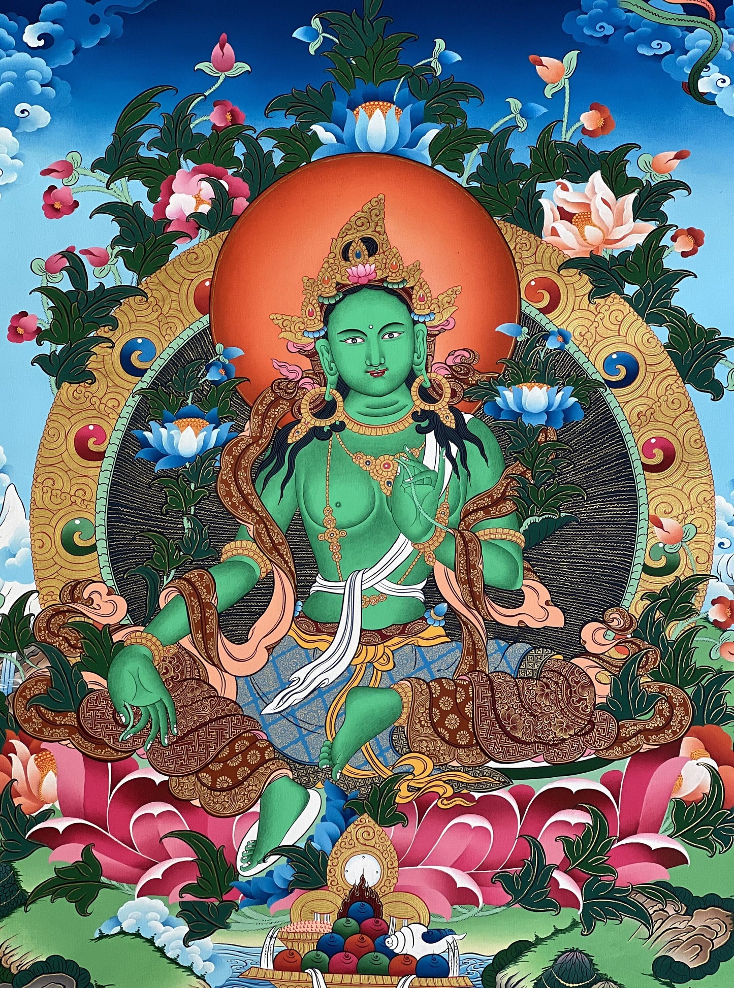 Exquisite Original Masterpiece: 24 K Gold Green Tara Tibetan Thangka Painting Profound Expression of Compassion in Buddhist Art