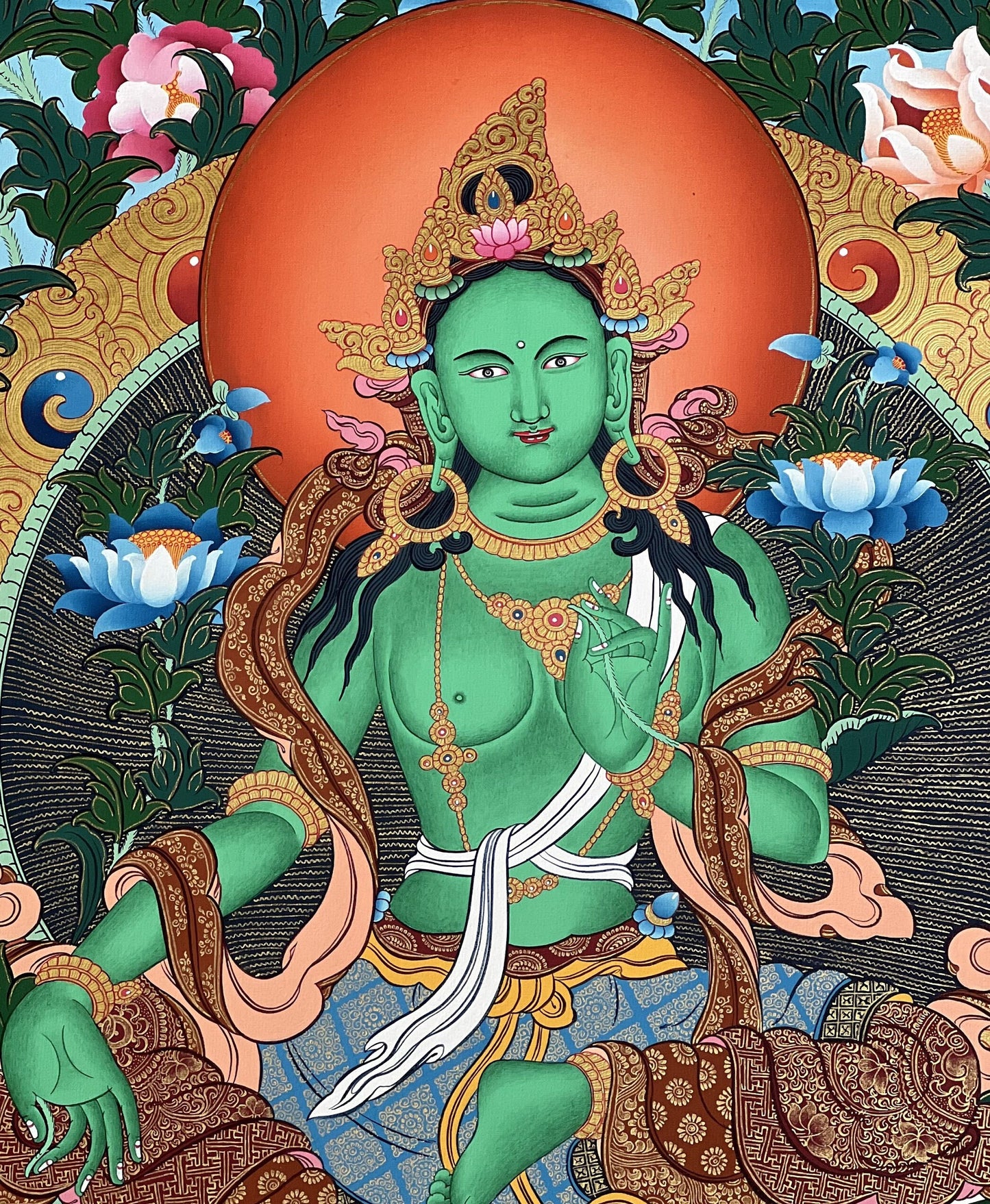 Exquisite Original Masterpiece: 24 K Gold Green Tara Tibetan Thangka Painting Profound Expression of Compassion in Buddhist Art