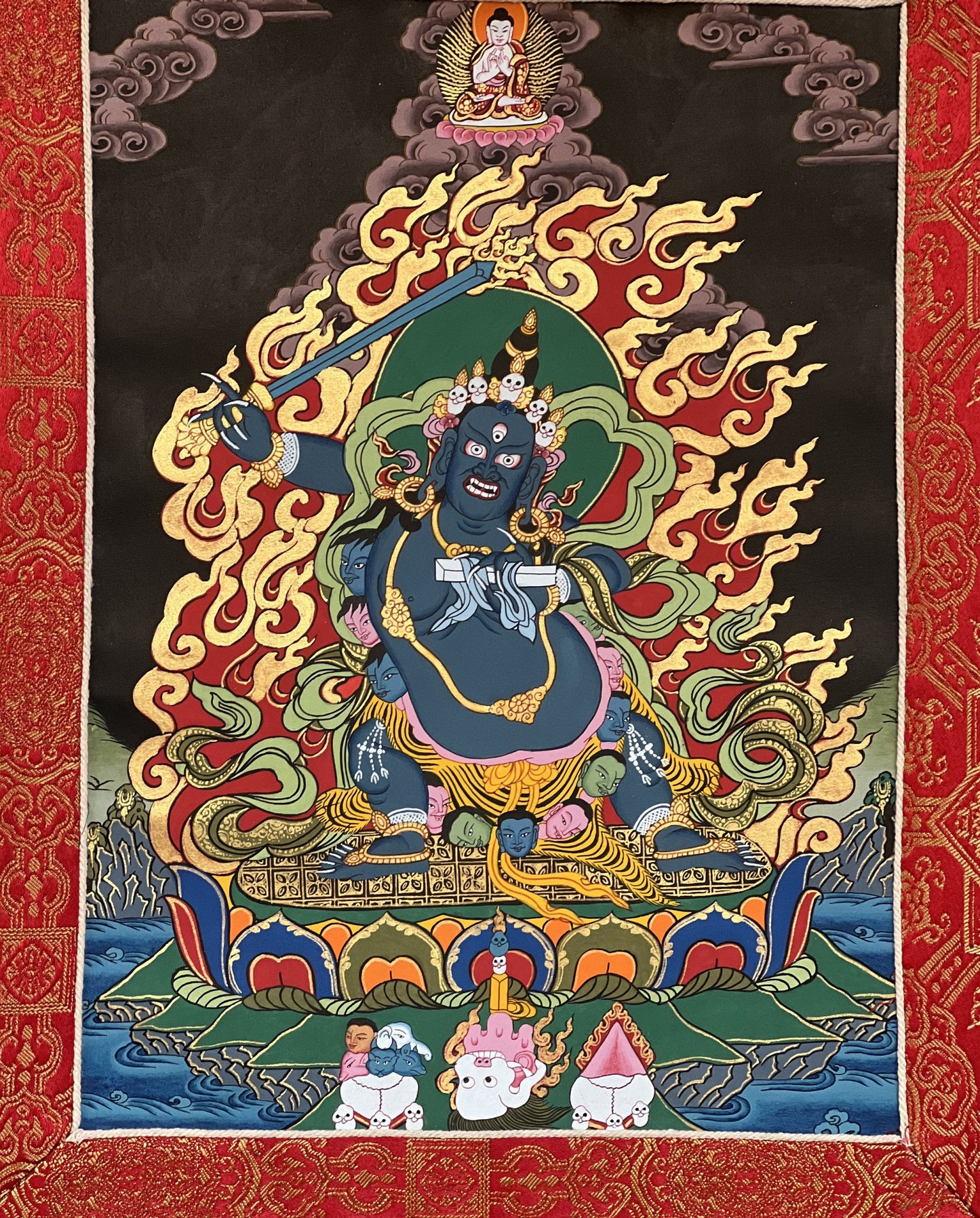 Original Hand-painted  Wrathful Black Manjushri/Manjusri/ Manjushree Tibetan Thangka Painting with High-Quality Silk Brocade