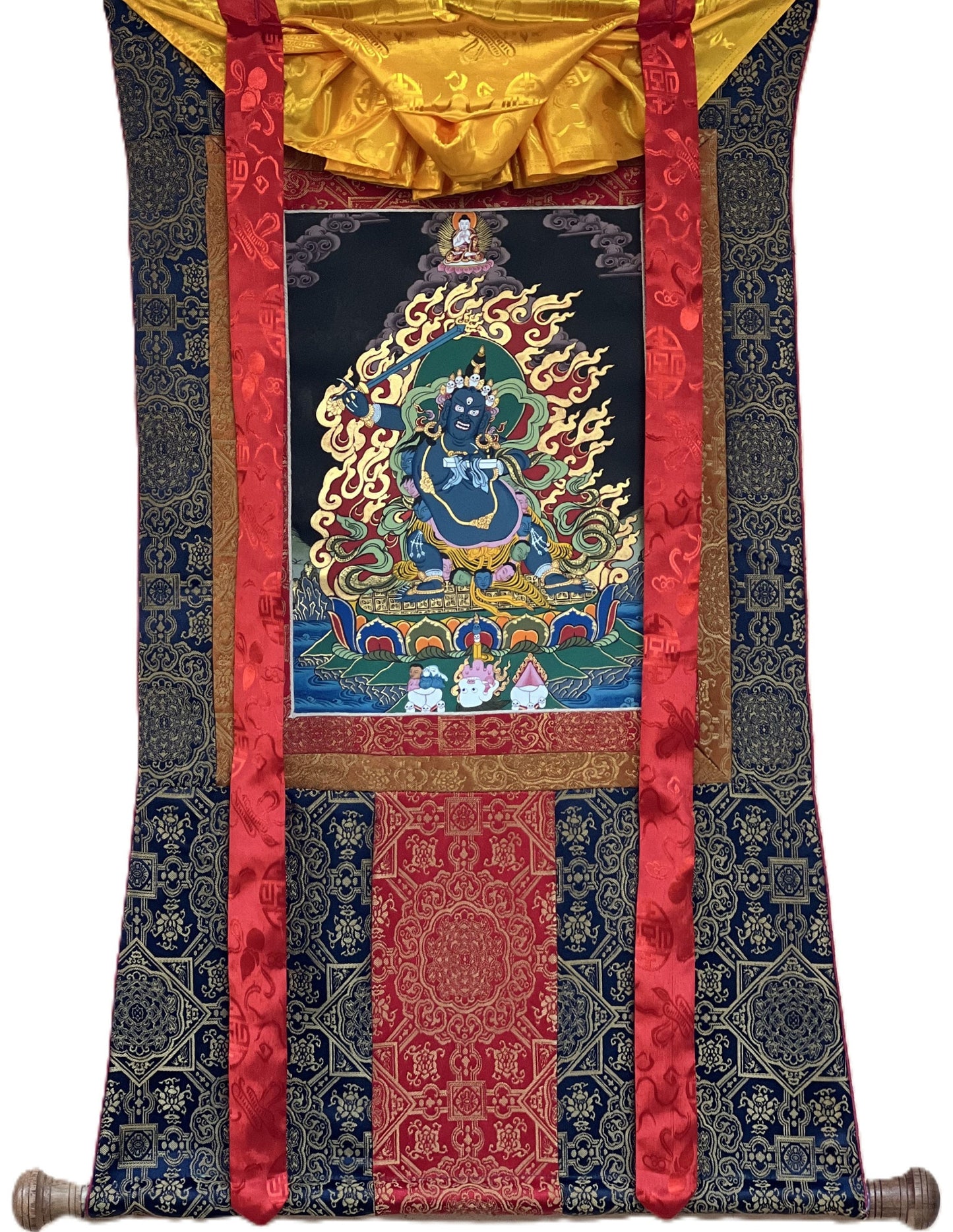 Original Hand-painted  Wrathful Black Manjushri/Manjusri/ Manjushree Tibetan Thangka Painting with High-Quality Silk Brocade