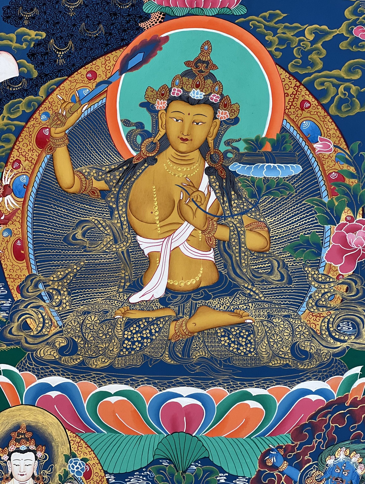 Original Hand-Painted Manjushri/ Manjusri/ Manjushree/ Jampelyang Bodhisattva of Wisdom Masterpiece Tibetan Thangka Painting