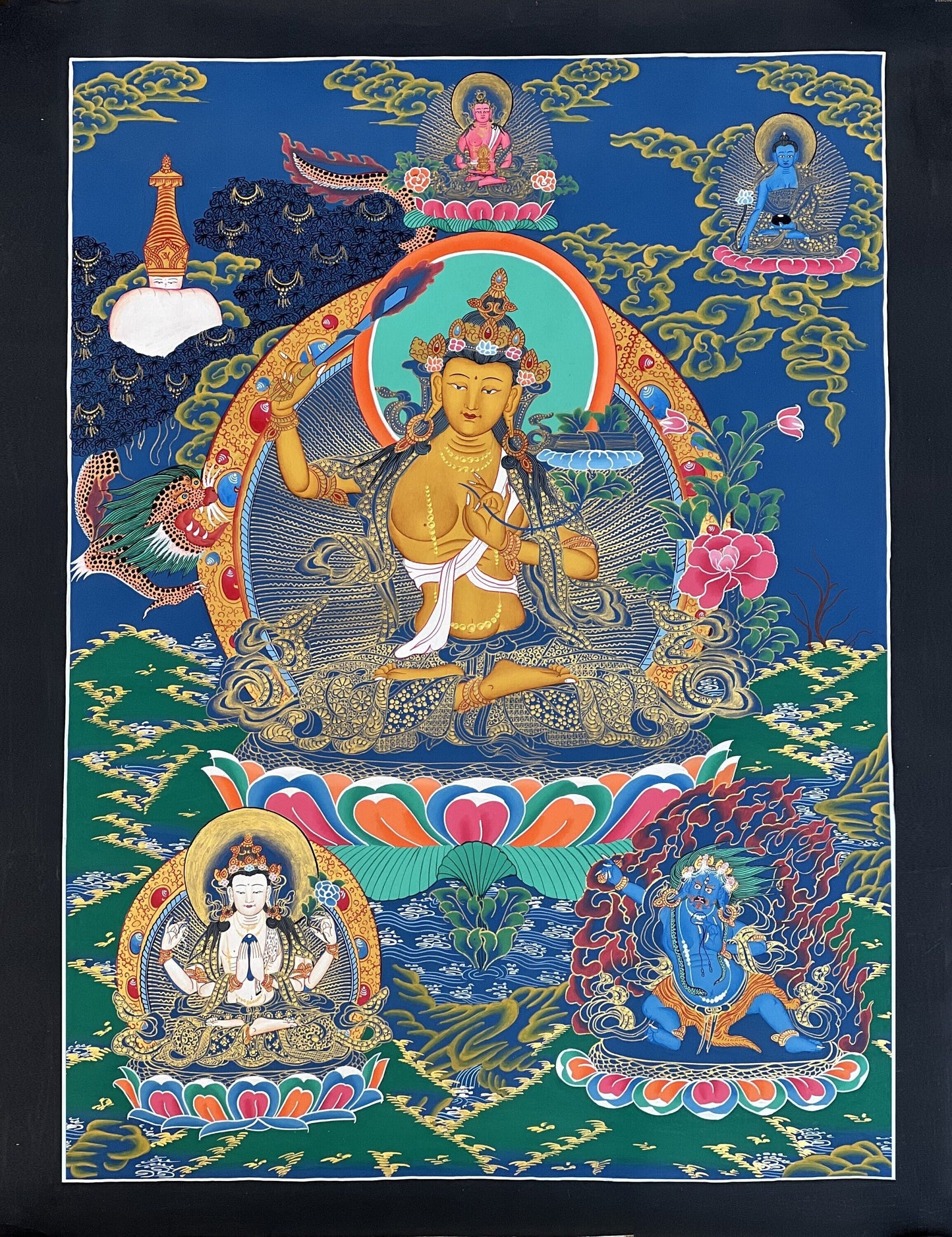 Original Hand-Painted Manjushri/ Manjusri/ Manjushree/ Jampelyang Bodhisattva of Wisdom Masterpiece Tibetan Thangka Painting