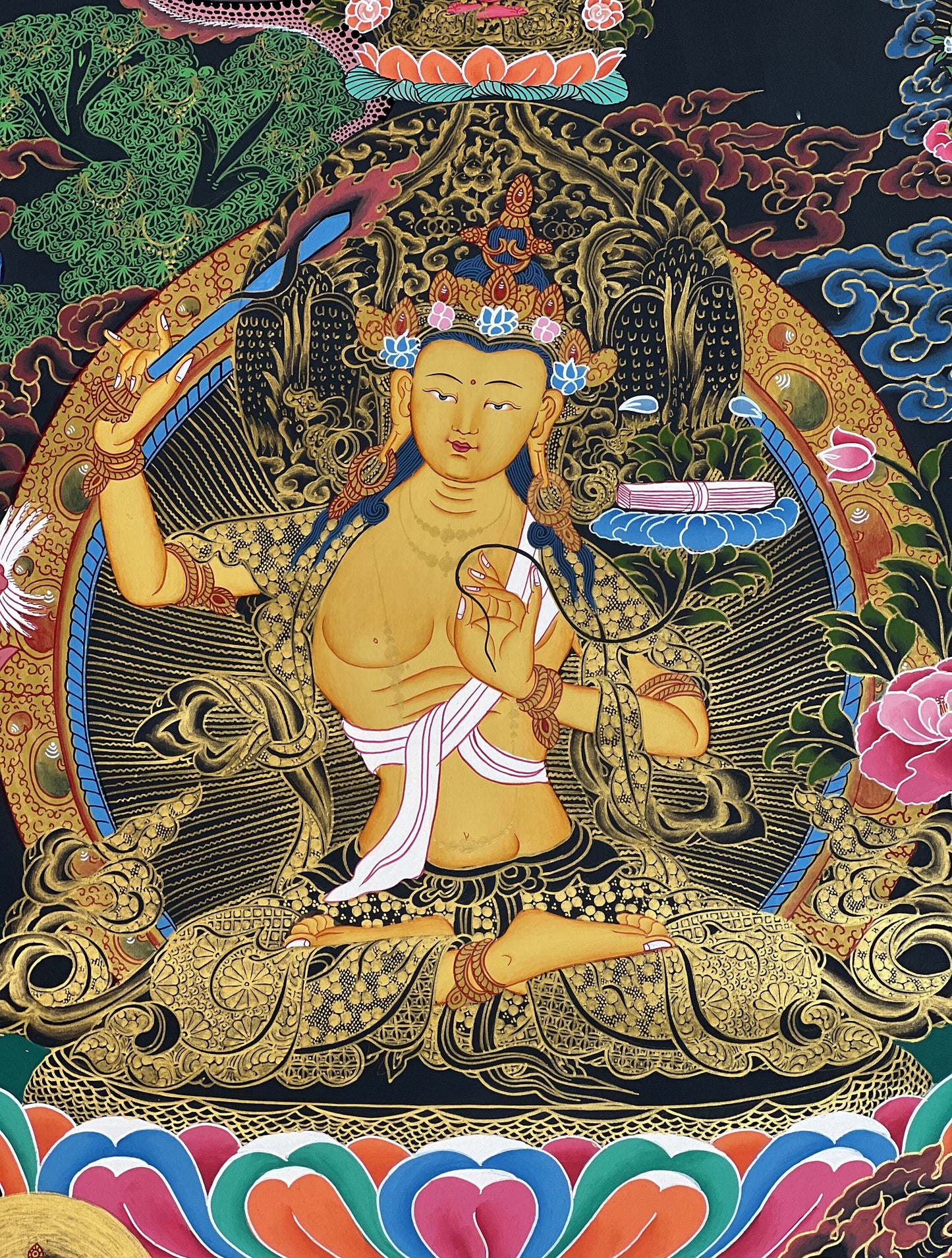 Original Hand-Painted Manjushri/ Manjusri/ Manjushree/ Jampelyang Bodhisattva of Compassion and Wisdom Masterpiece Tibetan Thangka Painting