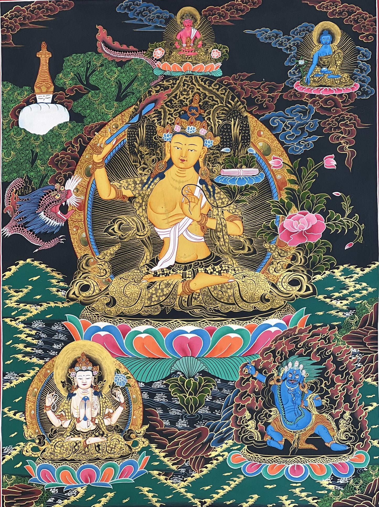 Original Hand-Painted Manjushri/ Manjusri/ Manjushree/ Jampelyang Bodhisattva of Compassion and Wisdom Masterpiece Tibetan Thangka Painting