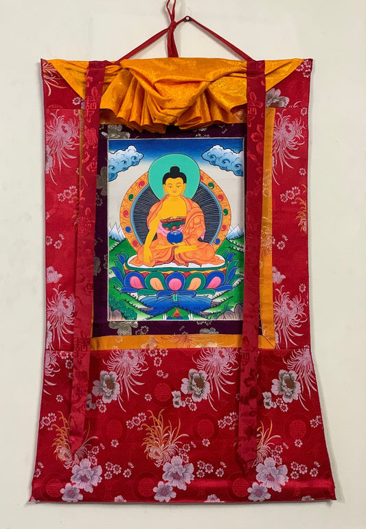 Original Hand-painted  Shakyamuni Buddha/ Siddhartha Gautama  Tibetan Thangka Painting with Silk Brocade