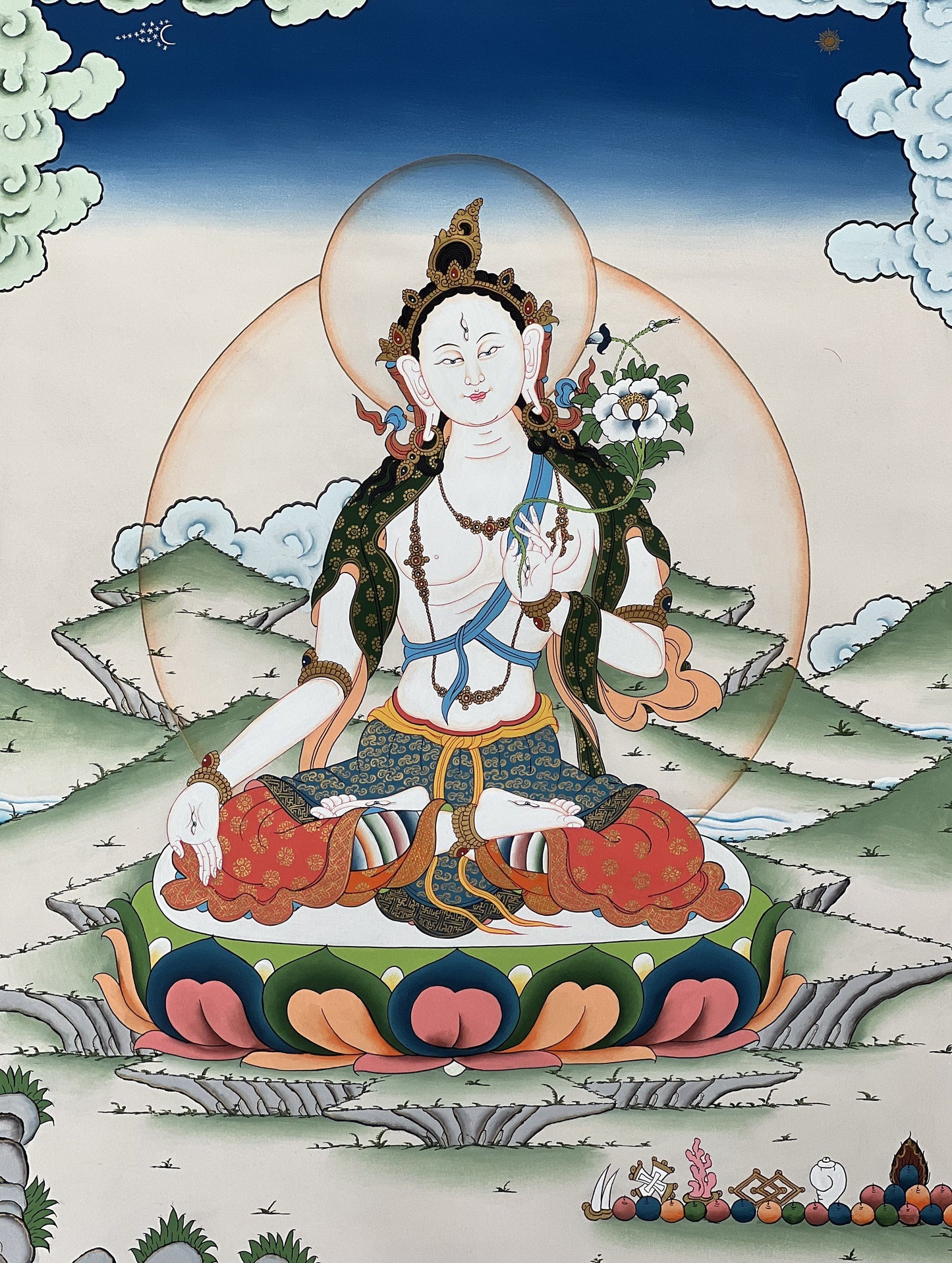 White Tara Original Masterpiece Mother Goddess 24 K Gold Exquisite Tibetan Thangka Painting from Nepal- Symbol of Compassion and Meditation