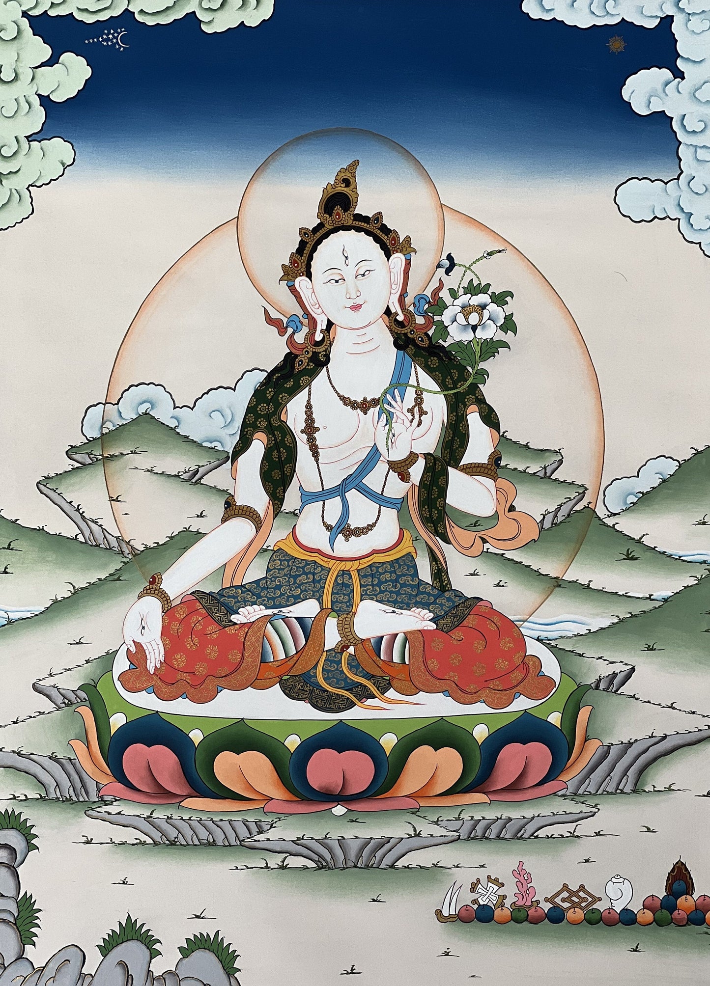 White Tara Original Masterpiece Mother Goddess 24 K Gold Exquisite Tibetan Thangka Painting from Nepal- Symbol of Compassion and Meditation