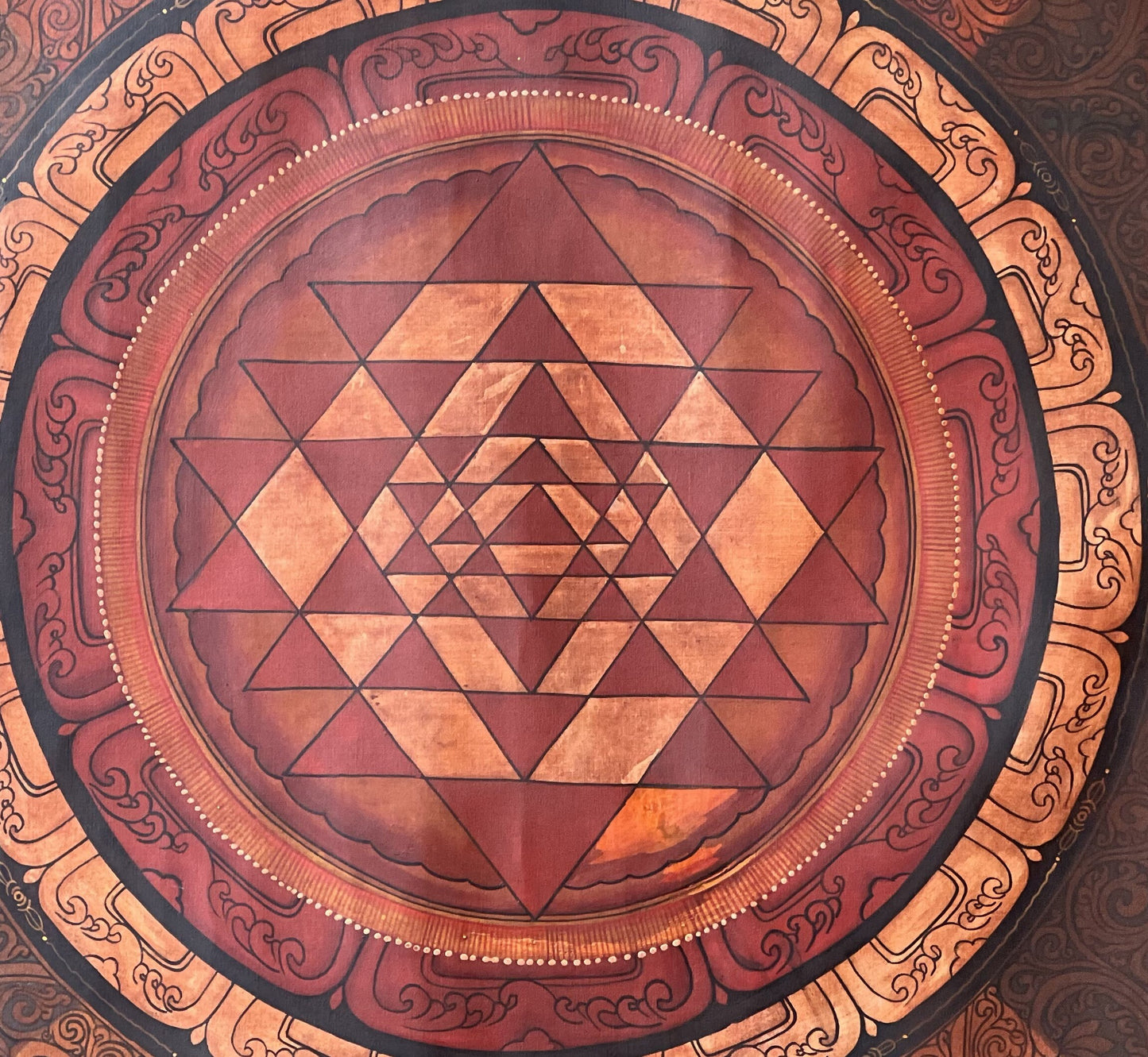 Original Hand-painted  SriYantra/ Sriyantra/ Shri Yantra Shri Chakra Mandala Newari Paubha Thangka Painting-Old Oil Varnished