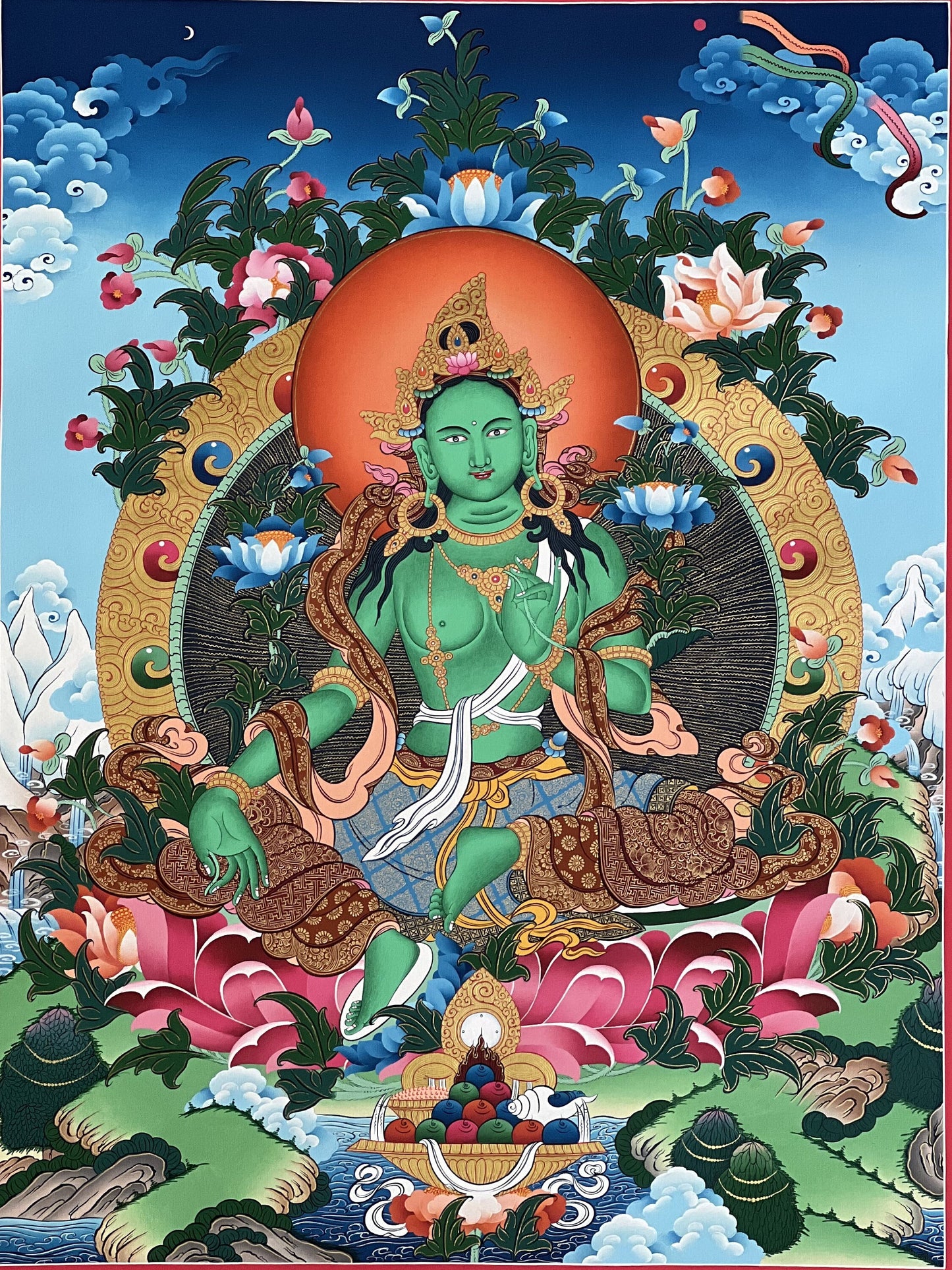 Exquisite Original Masterpiece: 24 K Gold Green Tara Tibetan Thangka Painting Profound Expression of Compassion in Buddhist Art