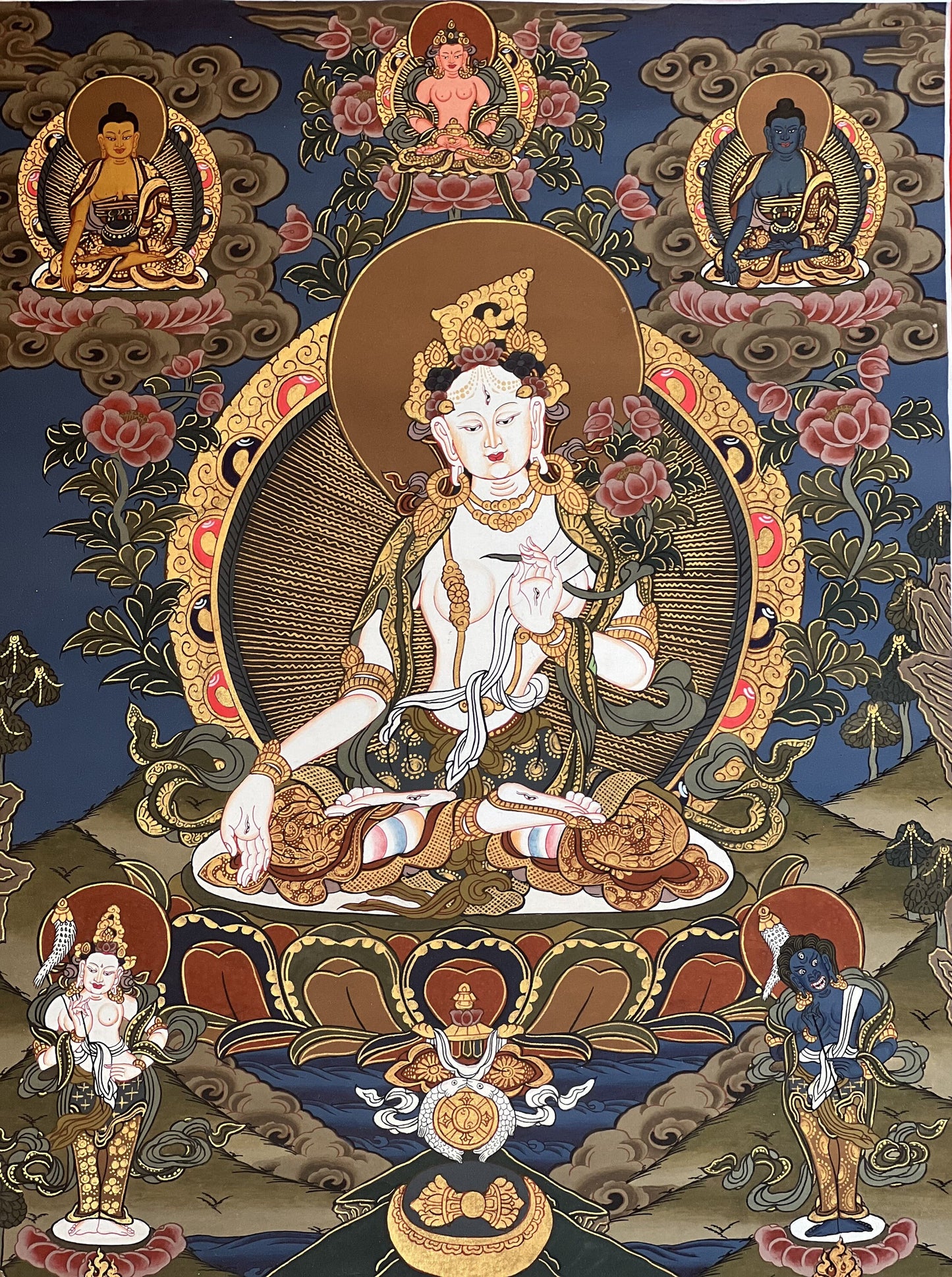 White Tara / Mother Goddess / Original Hand Painted Masterpiece Tibetan Compassion  Meditation Thangka Painting with Premium Silk Brocade