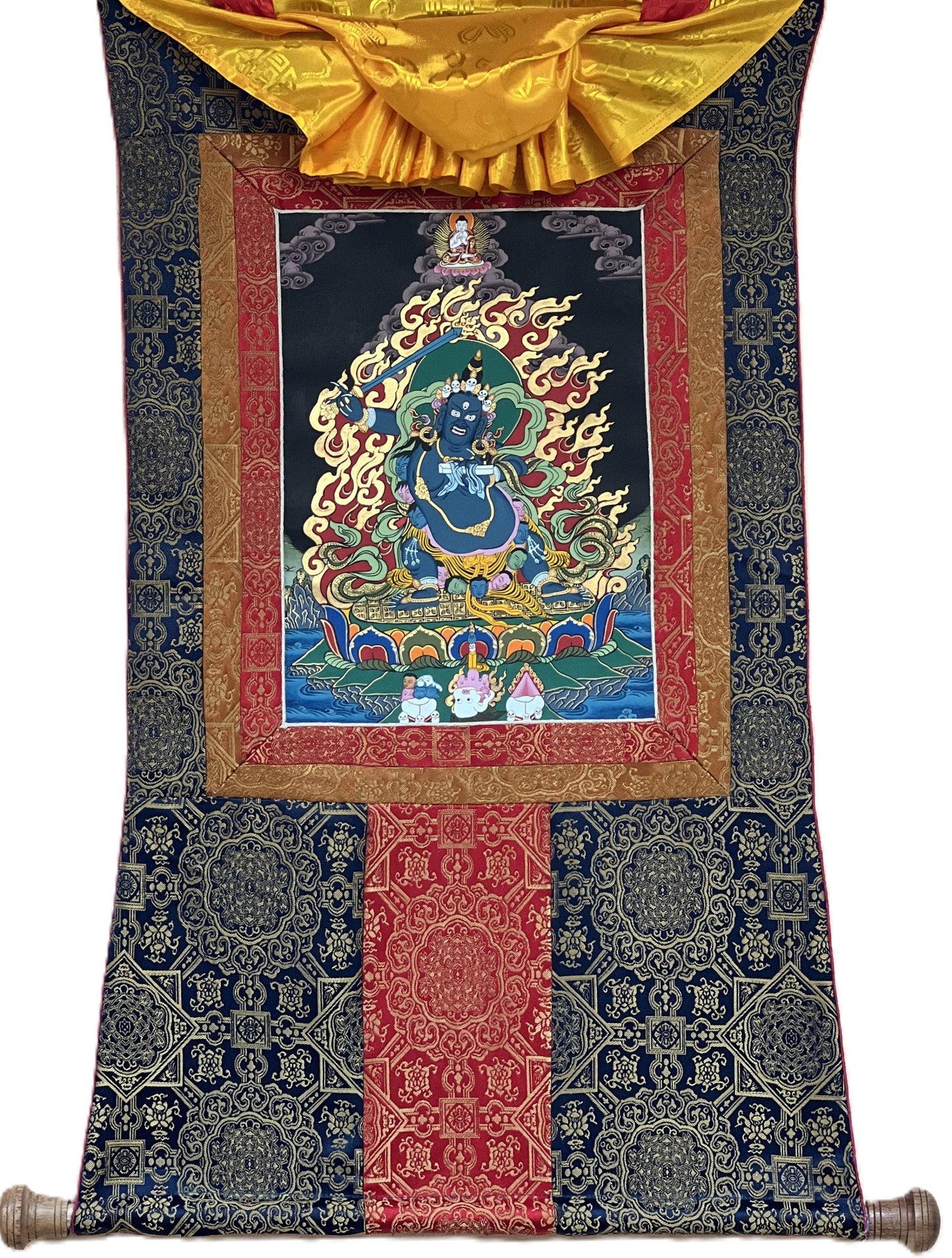 Original Hand-painted  Wrathful Black Manjushri/Manjusri/ Manjushree Tibetan Thangka Painting with High-Quality Silk Brocade