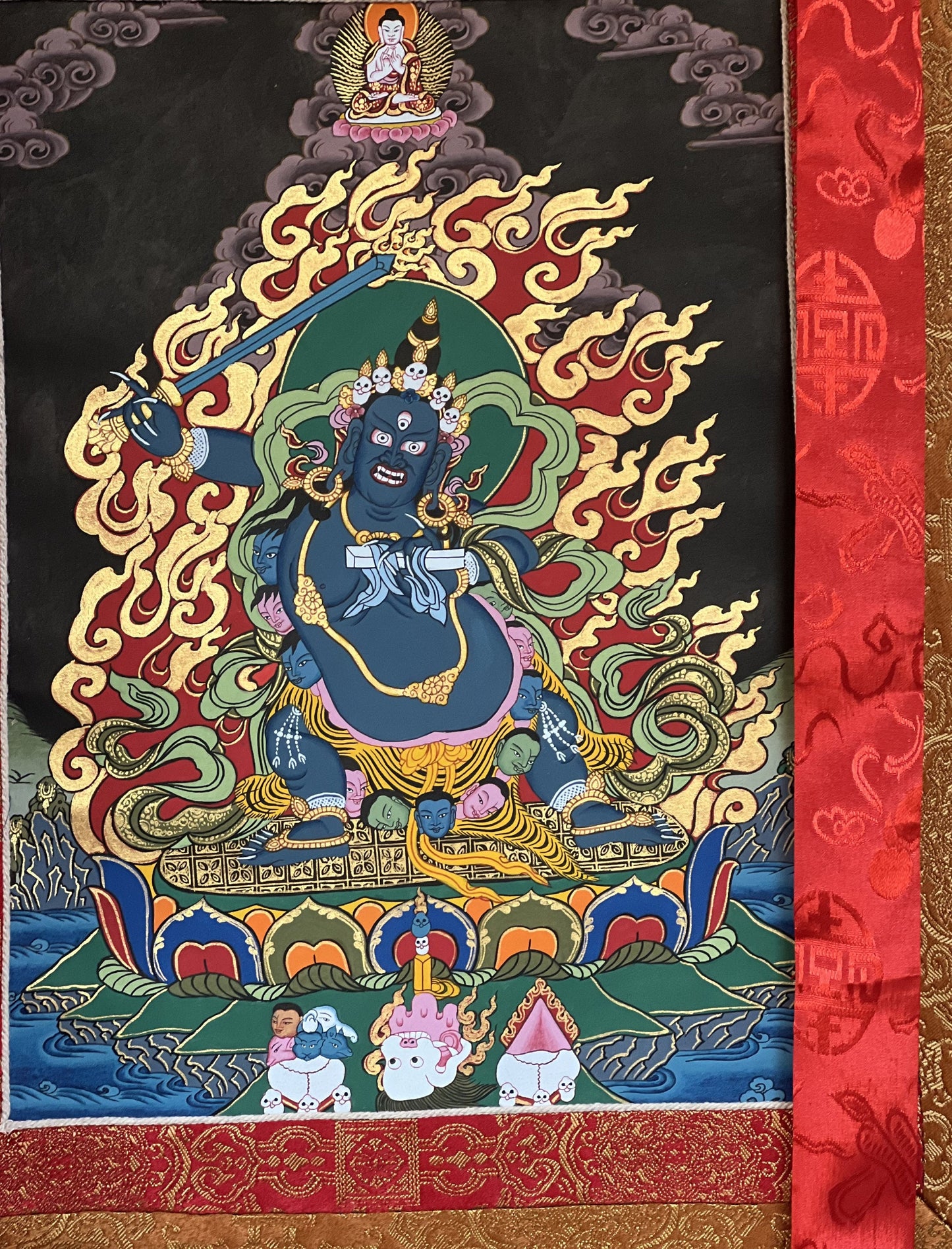 Original Hand-painted  Wrathful Black Manjushri/Manjusri/ Manjushree Tibetan Thangka Painting with High-Quality Silk Brocade