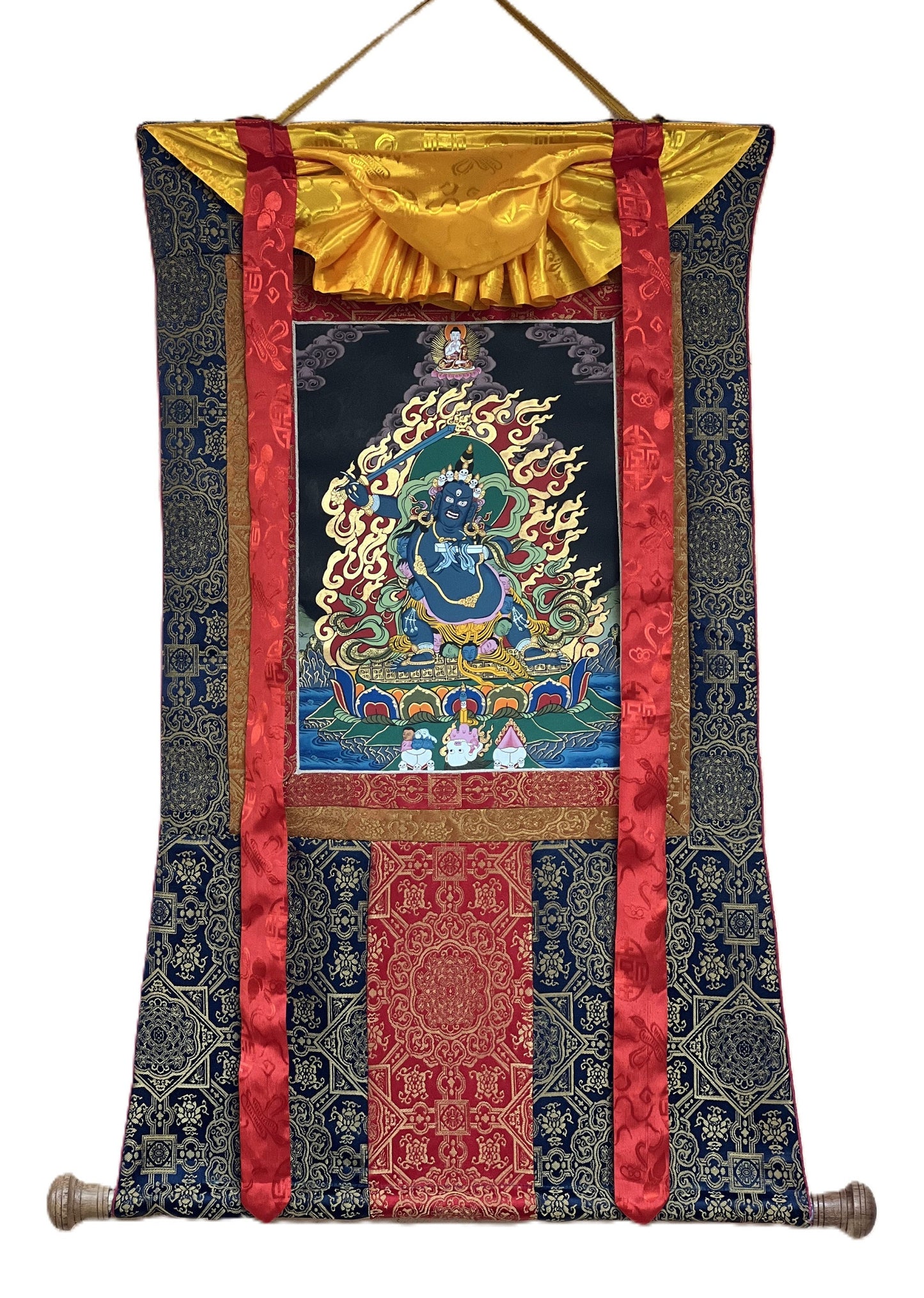 Original Hand-painted  Wrathful Black Manjushri/Manjusri/ Manjushree Tibetan Thangka Painting with High-Quality Silk Brocade