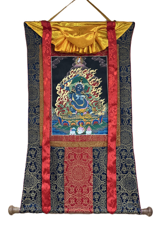 Original Hand-painted  Wrathful Black Manjushri/Manjusri/ Manjushree Tibetan Thangka Painting with High-Quality Silk Brocade