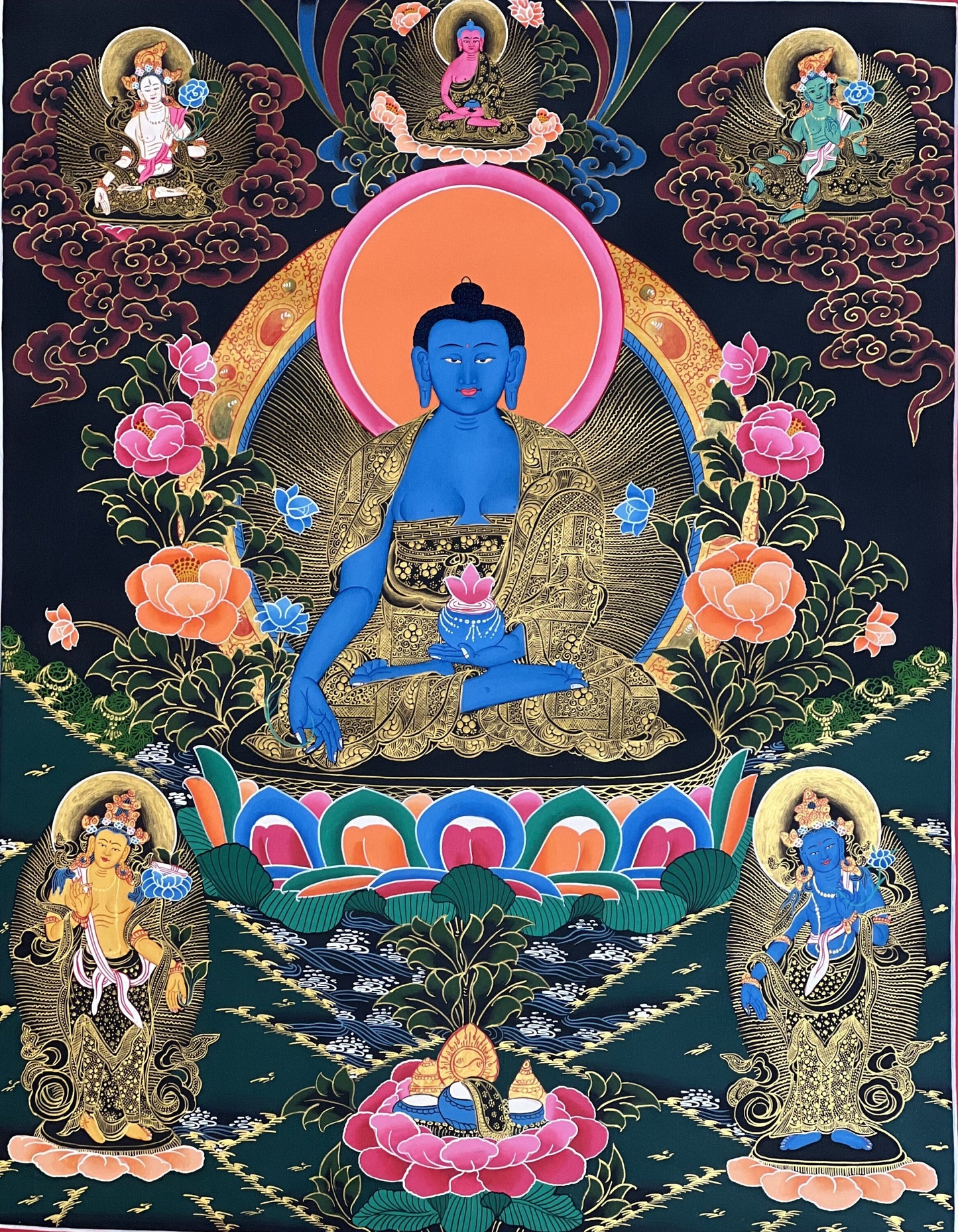 Original Hand-painted  Masterpiece  Medicine Buddha/ BhaisajyaGuru/ Medicine Master Healer Tibetan Thangka/ Thanka Painting