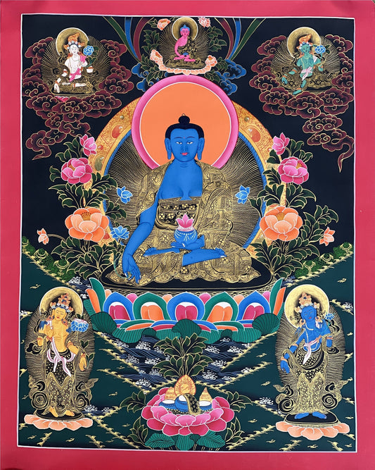 Original Hand-painted  Masterpiece  Medicine Buddha/ BhaisajyaGuru/ Medicine Master Healer Tibetan Thangka/ Thanka Painting