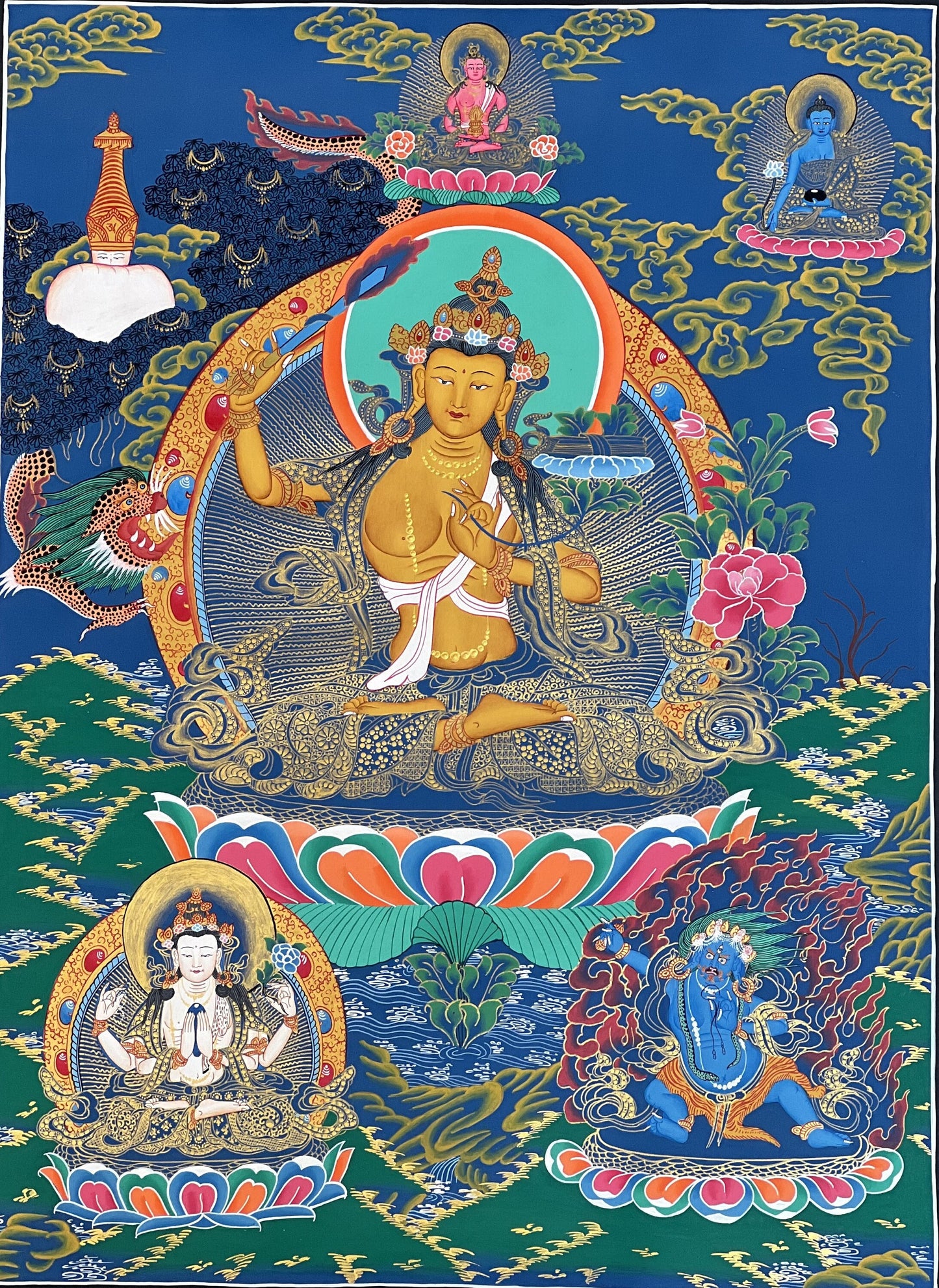 Original Hand-Painted Manjushri/ Manjusri/ Manjushree/ Jampelyang Bodhisattva of Wisdom Masterpiece Tibetan Thangka Painting