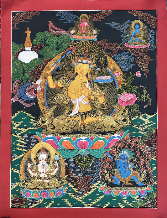 Original Hand-Painted Manjushri/ Manjusri/ Manjushree/ Jampelyang Bodhisattva of Compassion and Wisdom Masterpiece Tibetan Thangka Painting