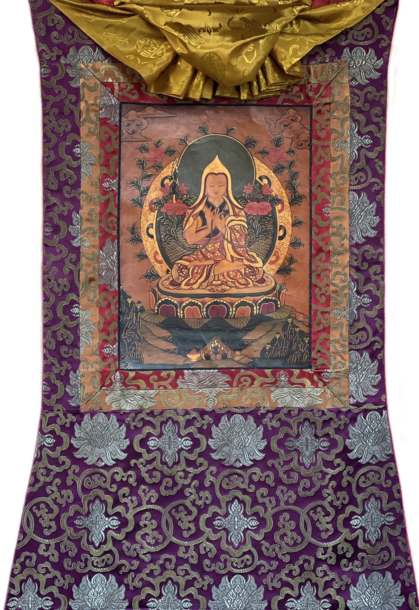 Original Hand-Painted Tsongkhapa/ Chongapa/ Oil-Varnished  Old Tibetan Thangka Painting With  Silk Brocade