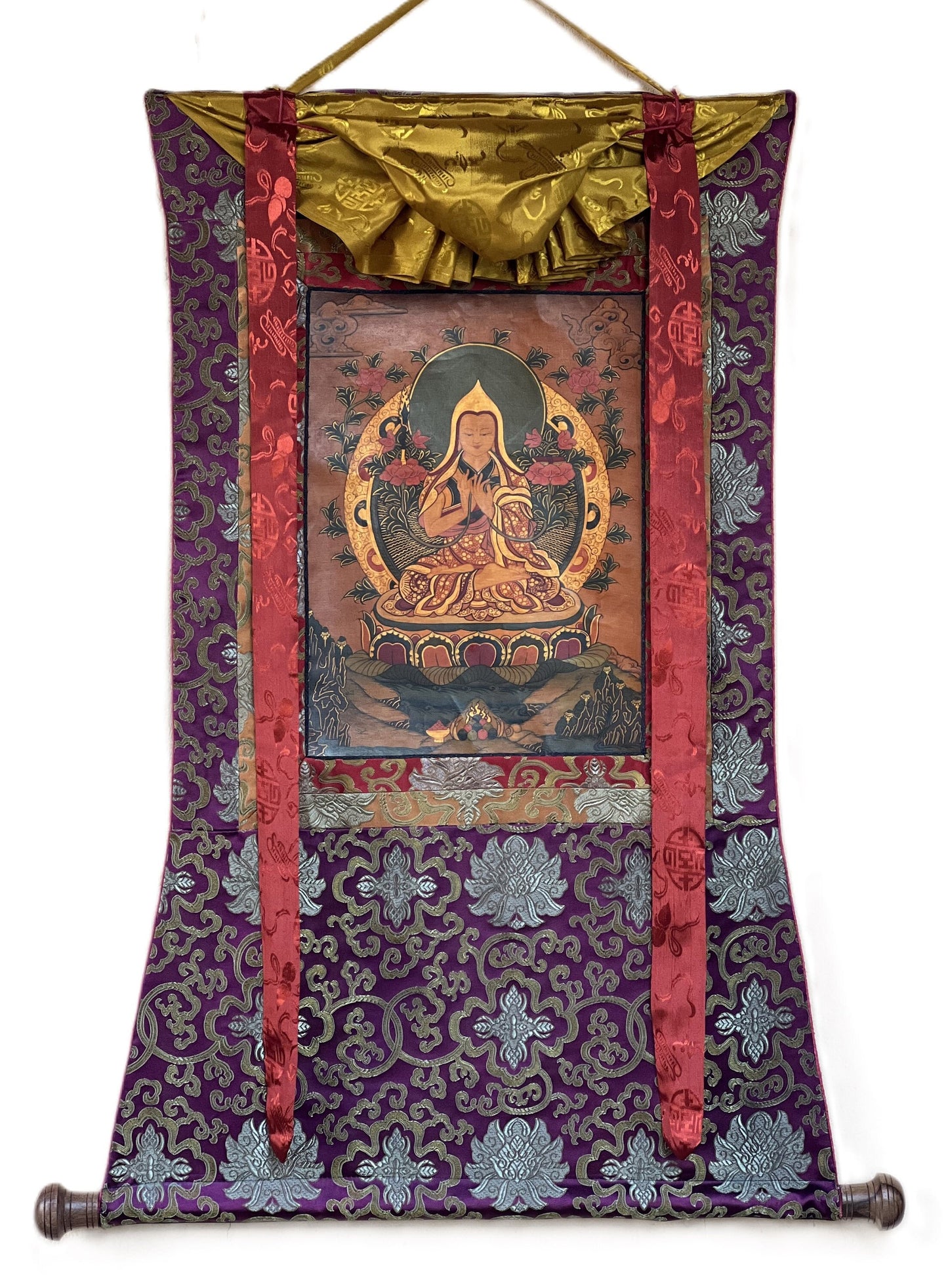 Original Hand-Painted Tsongkhapa/ Chongapa/ Oil-Varnished  Old Tibetan Thangka Painting With  Silk Brocade