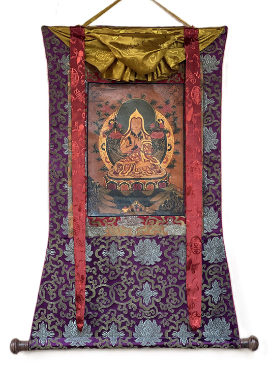 Original Hand-Painted Tsongkhapa/ Chongapa/ Oil-Varnished  Old Tibetan Thangka Painting With  Silk Brocade