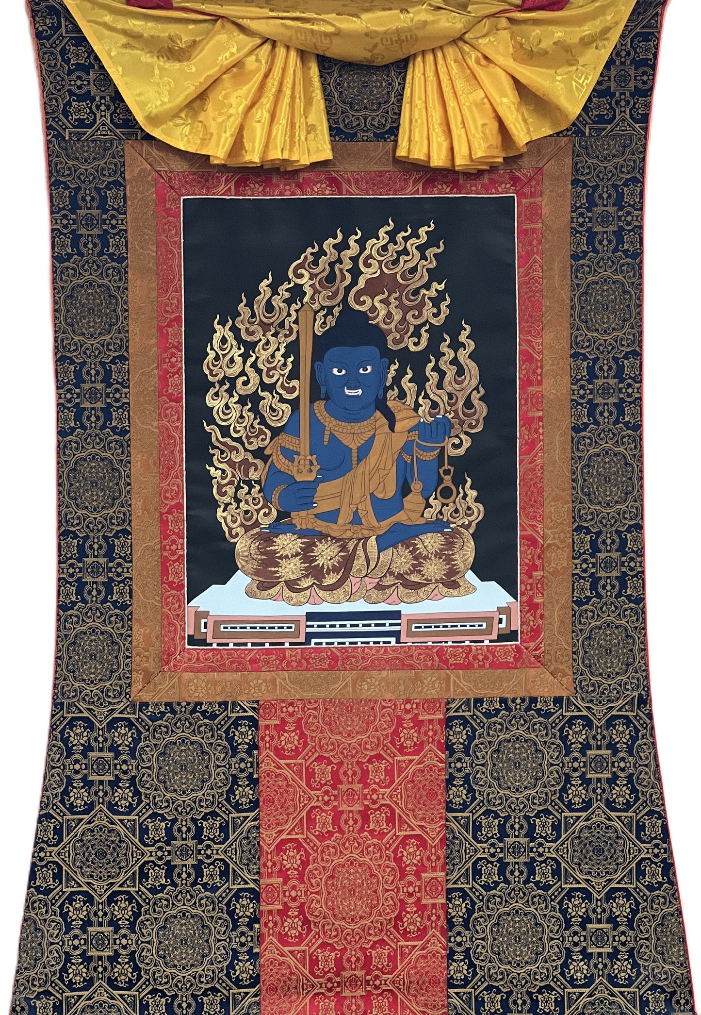 FUDO MYO-O (Acala) (不動明王), Wisdom King, Rare Hand-painted  Originnal Thangka Painting with High-Quality Silk Brocade