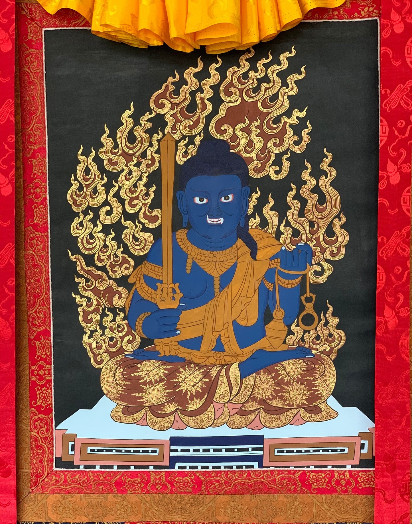 FUDO MYO-O (Acala) (不動明王), Wisdom King, Rare Hand-painted  Originnal Thangka Painting with High-Quality Silk Brocade